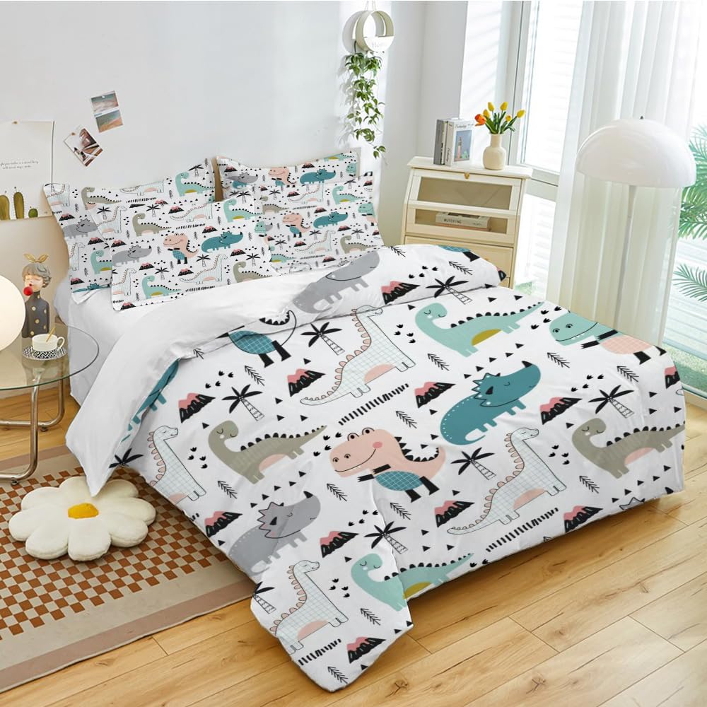 Ropa de cama infantil Dinosaurios 135x200 cm, funda nórdica de animales de dibujos animados Dino, juego de ropa de cama de dinosaurios lindo para niños adolescentes con funda de almohada (A-3