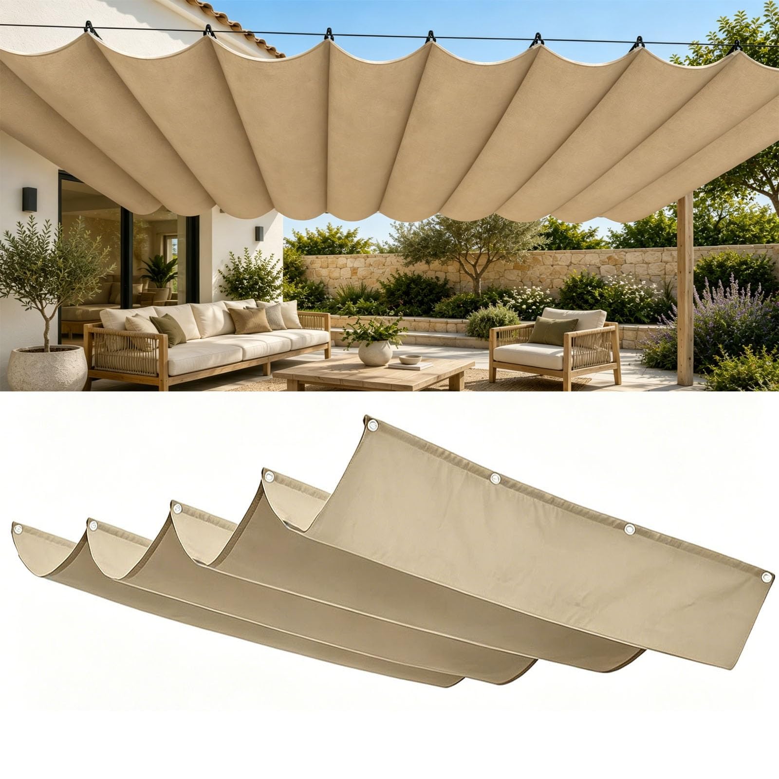 Einziehbar Welle Sonnensegel 3 x 5 m PES Markisenstoff Sonnenschutz Wasserdicht Stabil Windabweisend Schattierungsnetz mit Ösen für Balkon Terrasse Garten, Khaki