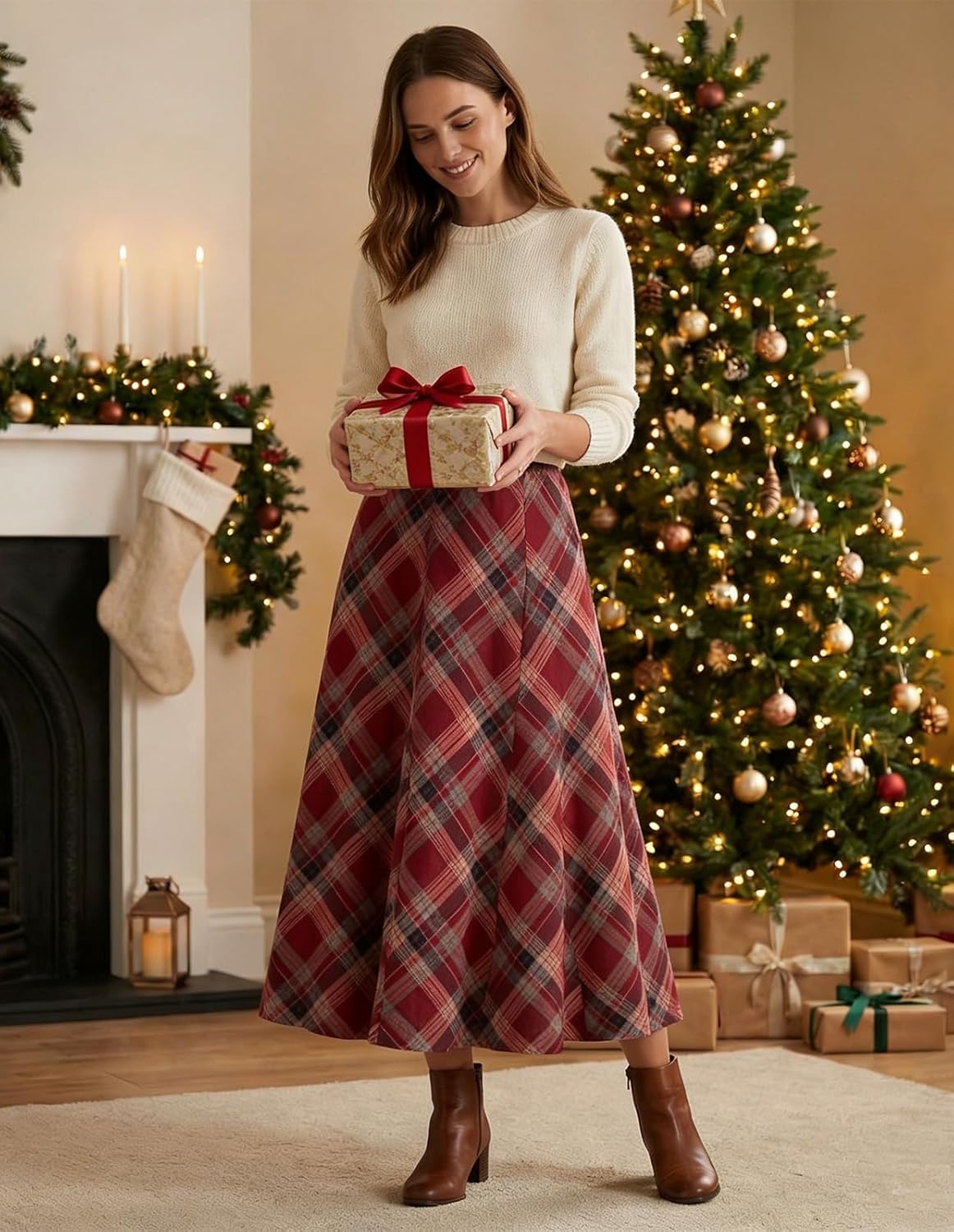 Scarlet Darkness Long Plaid Skirts for Women High Waist A Line Pleated Fall Maxi Skirts