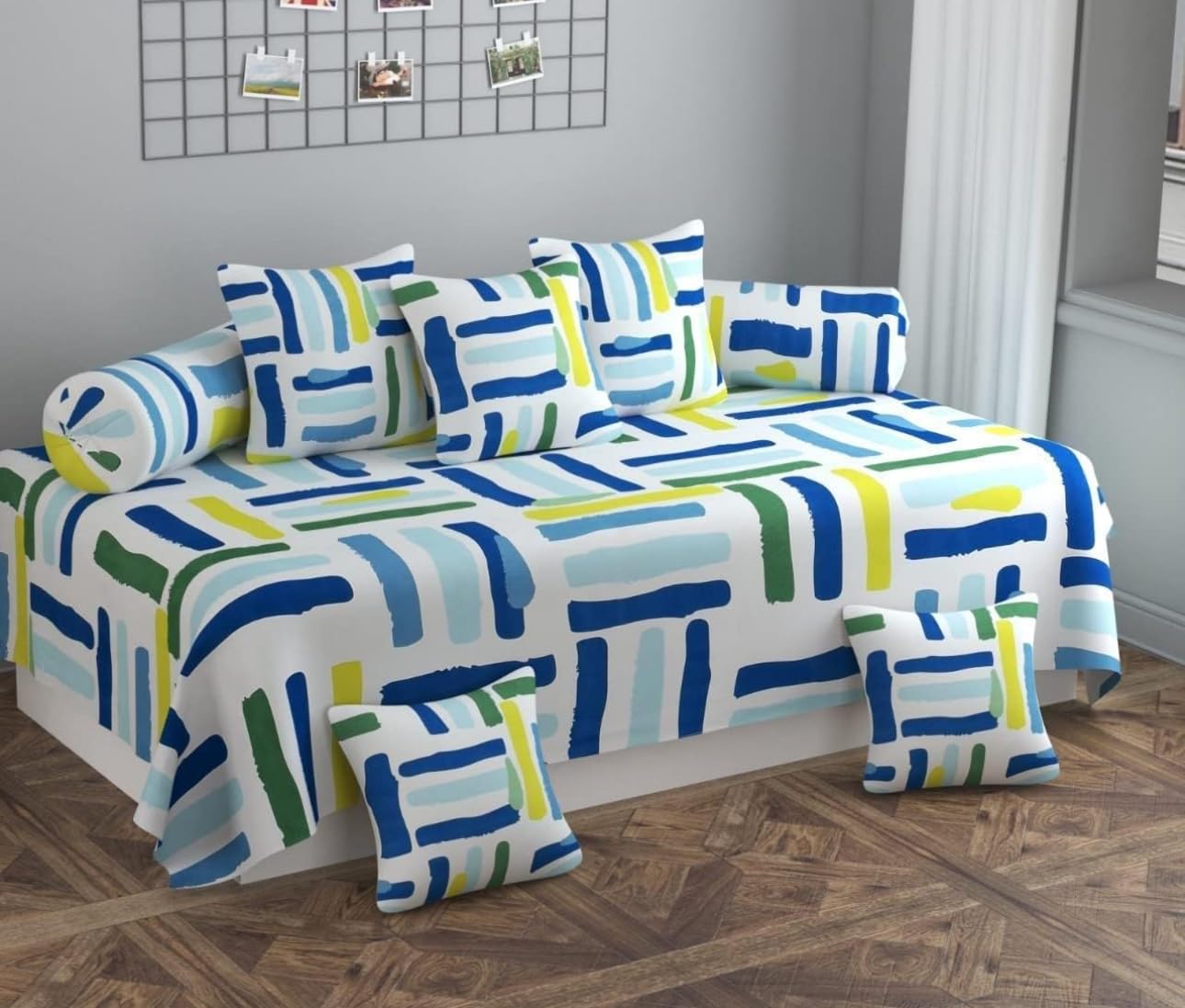 BLACK SPADE Diwan Set Covers 8 Pieces Heavy Glace Cotton Designer Printed Standard Diwan Set (1 Single Bedsheet, 2 Bolster Covers and 5 Cushion Covers) (White Breeze)-image-37