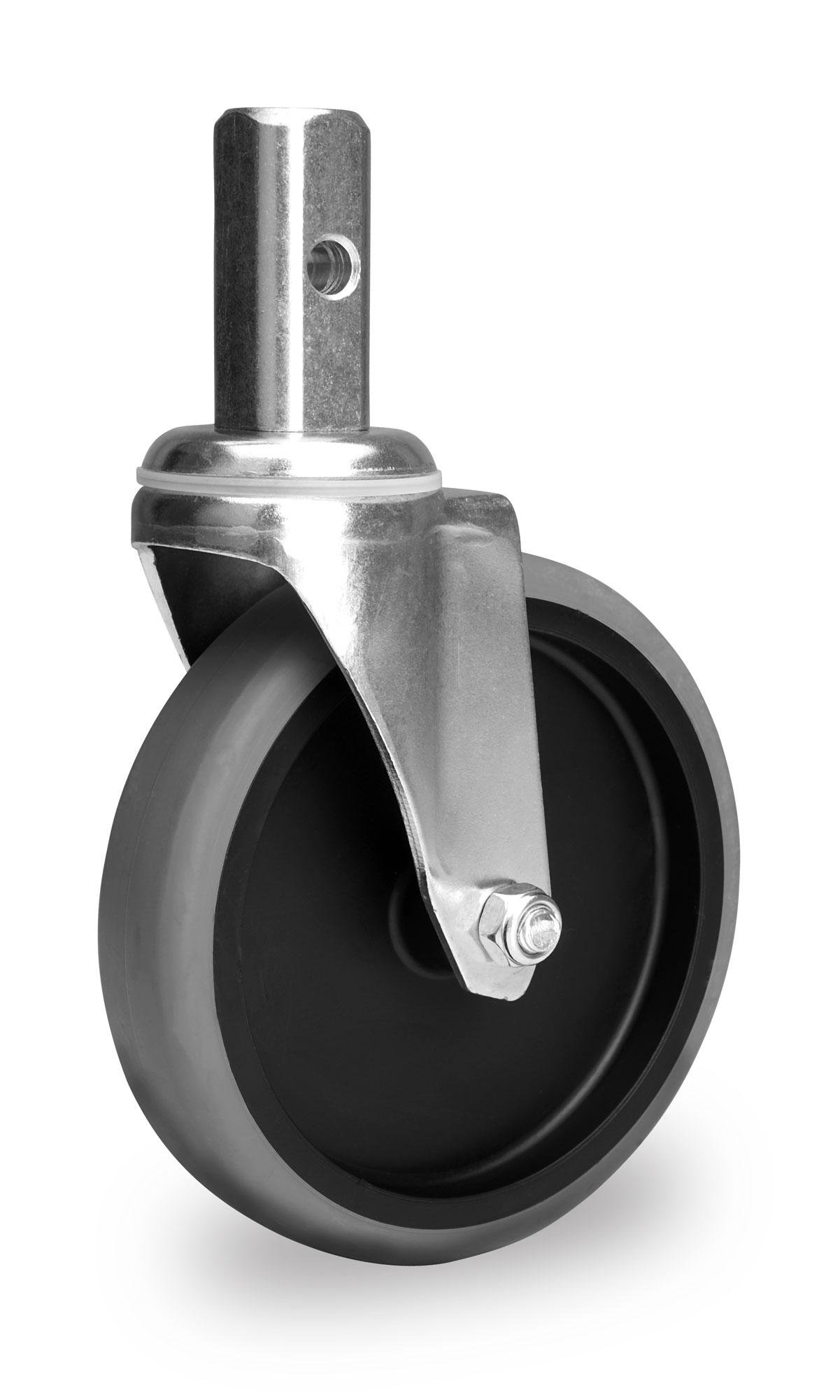 Set de 4 roulettes Stagecaptain 125 mm sans frein, robustes, charge 100 kg, caoutchouc dur 26 mm, pivotantes, pour retrofit.
