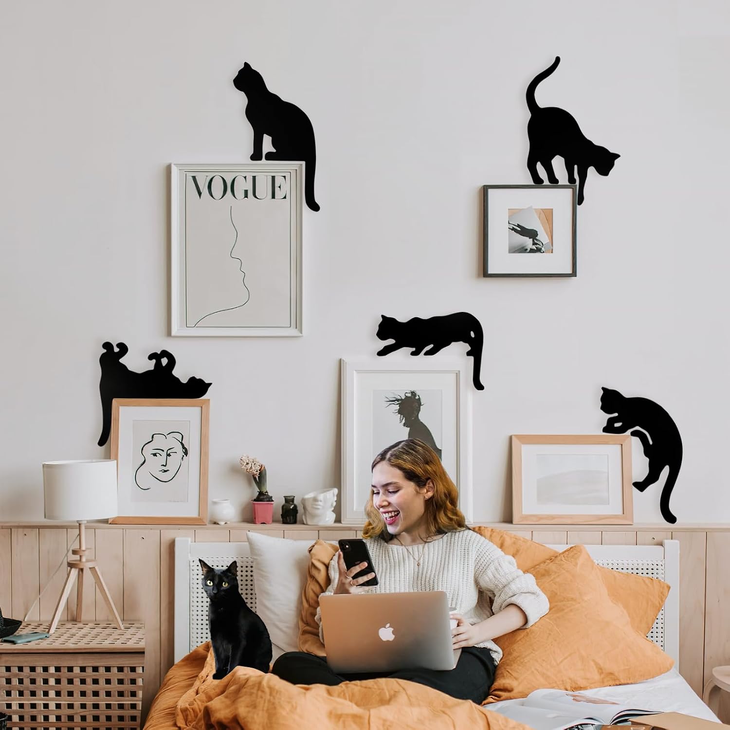 YuQi 5 Pcs Black Cat Wall Decor, Wooden Cat Silhouette Stickers w/Gift Box