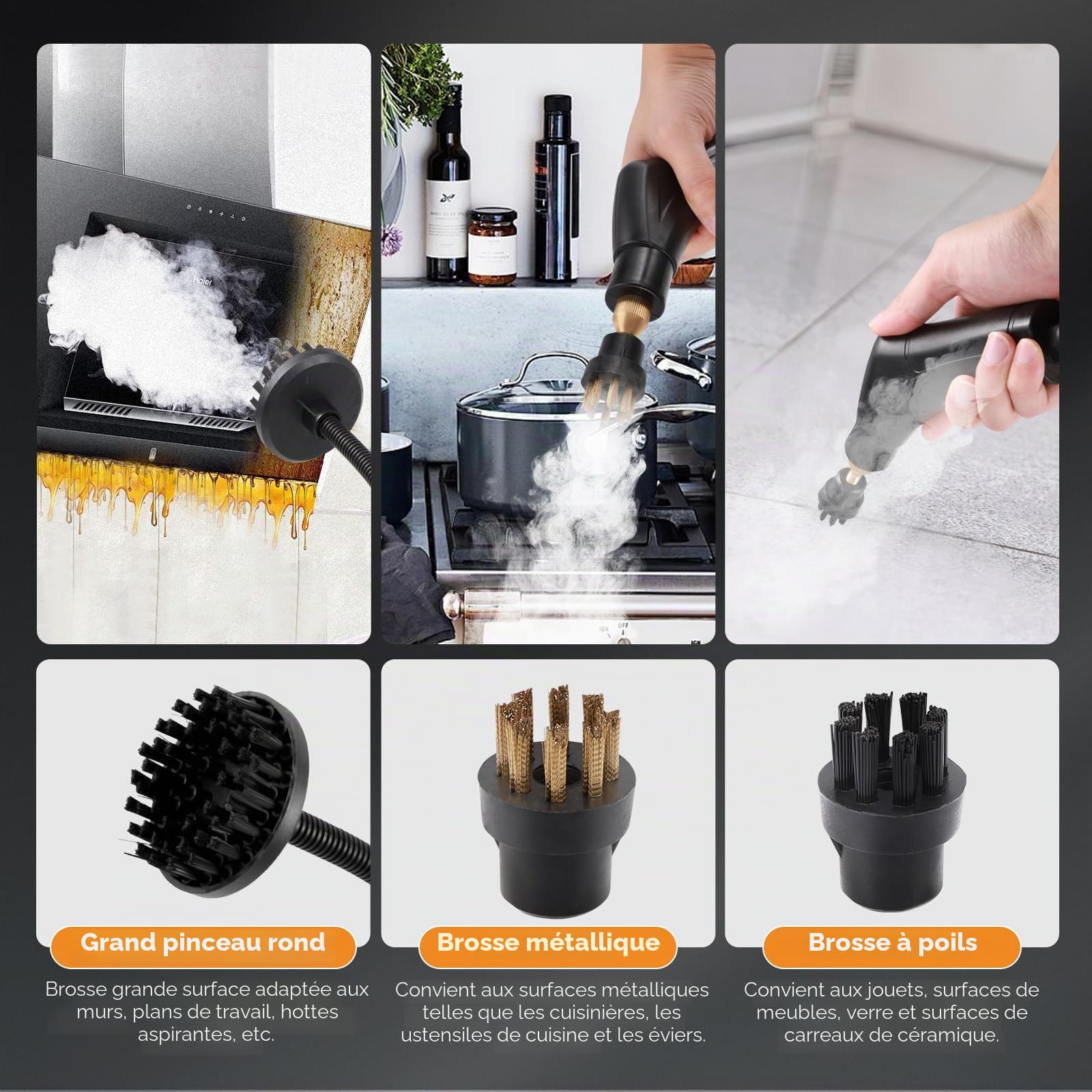 Nettoyeur vapeur 2500W, purificateur de vapeur à main, 1400ML grand réservoir d’eau, 6 vitesses réglables, 3 types de têtes de brosse pour tous les meubles de cuisine plancher salle de bain voiture
