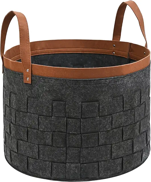 DAKCOS Felt Storage Basket - Foldable 65L Round Woven Basket with Handle for Organizing