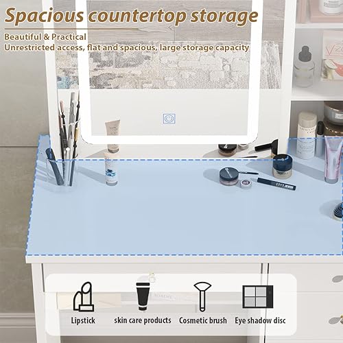 Miniatura 19 de Tocador pequeño de maquillaje con espejo, 4 cajones y estantes, tocador y taburete acolchado (blanco/gris, espejo iluminado deslizante)