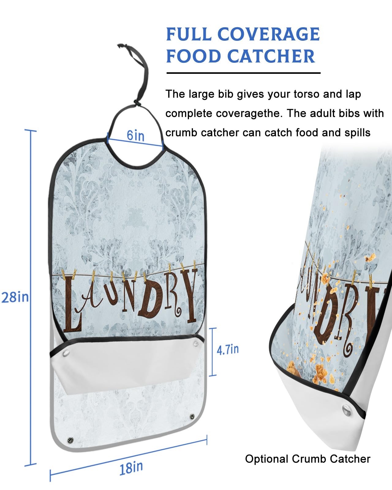 LEOKOTI Laundry Wood Adult Bibs for Eating, Waterproof Bibs with Food Catcher & Adjustable Snap Closure, Vintage Blue Floral Pattern Washable Clothing Protectors Adult Bibs for Elderly Women/Men