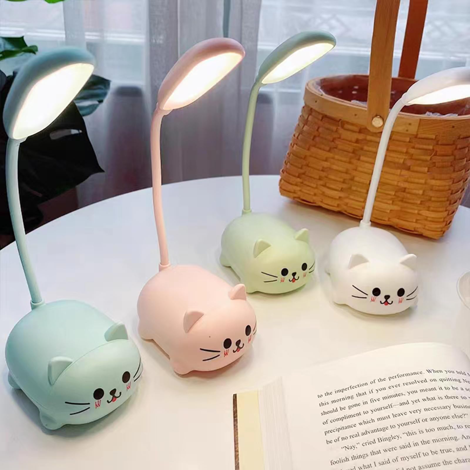 Neioaas Lámpara de escritorio LED para niños, bonita lámpara de gato recargable por USB, luz de mesa LED portátil, cuello de cisne flexible, dibujos animados, pequeña lámpara de escritorio para niñas