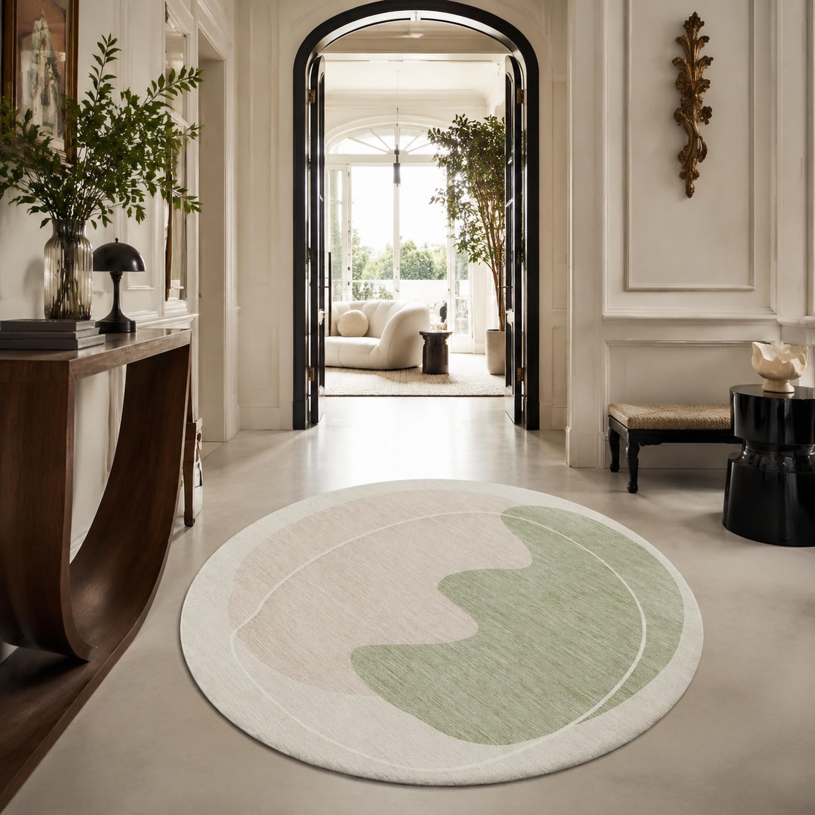 Tapis rond abstrait moderne vert beige rose 90 cm pour déco chambre aesthetic