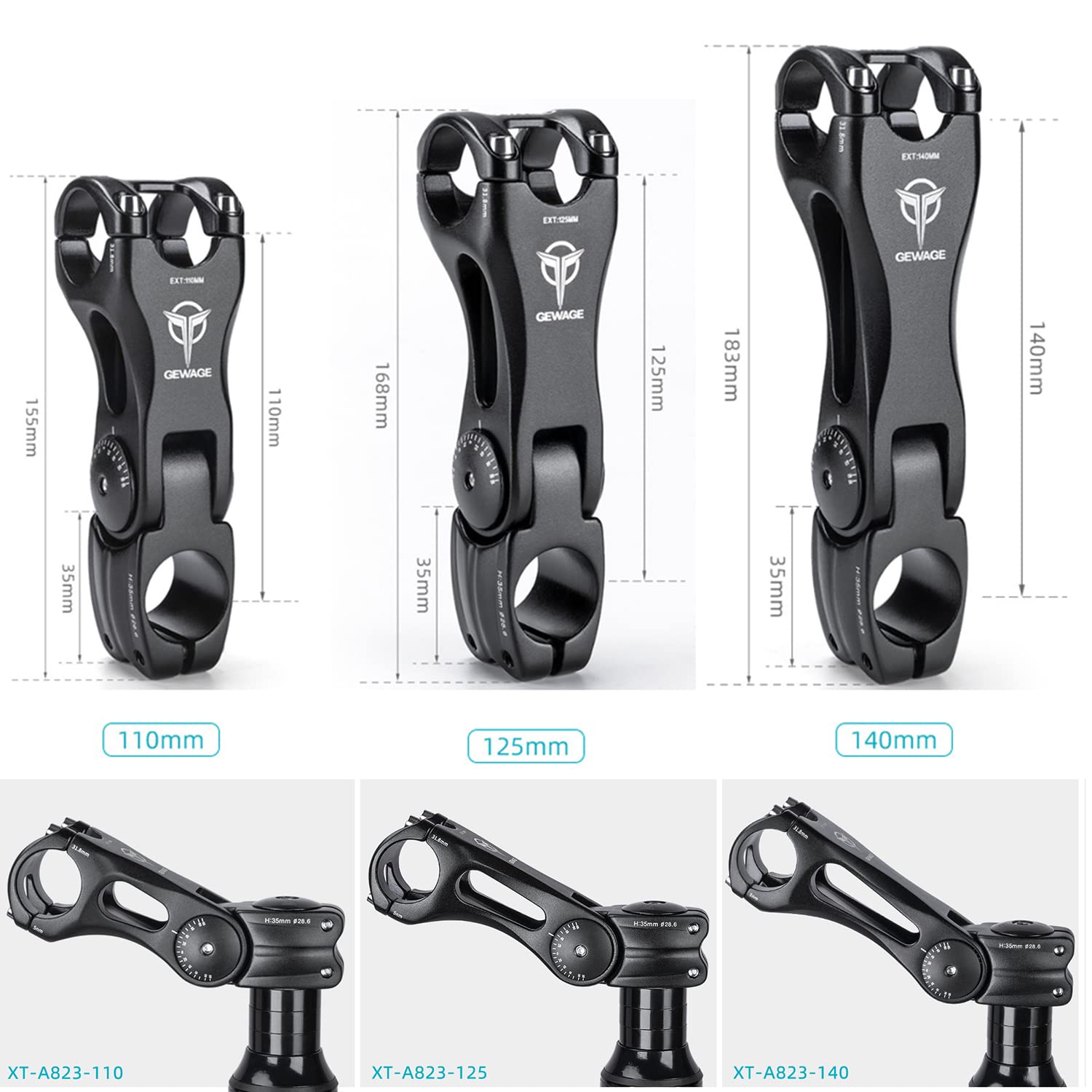 GEWAGE Regulowany mostek rowerowy, wspornik kierownicy o średnicy 31,8 (1-1/4"), stop aluminium, adapter wysokości do większości rowerów MTB, rowerów wyścigowych, BMX, e-bike