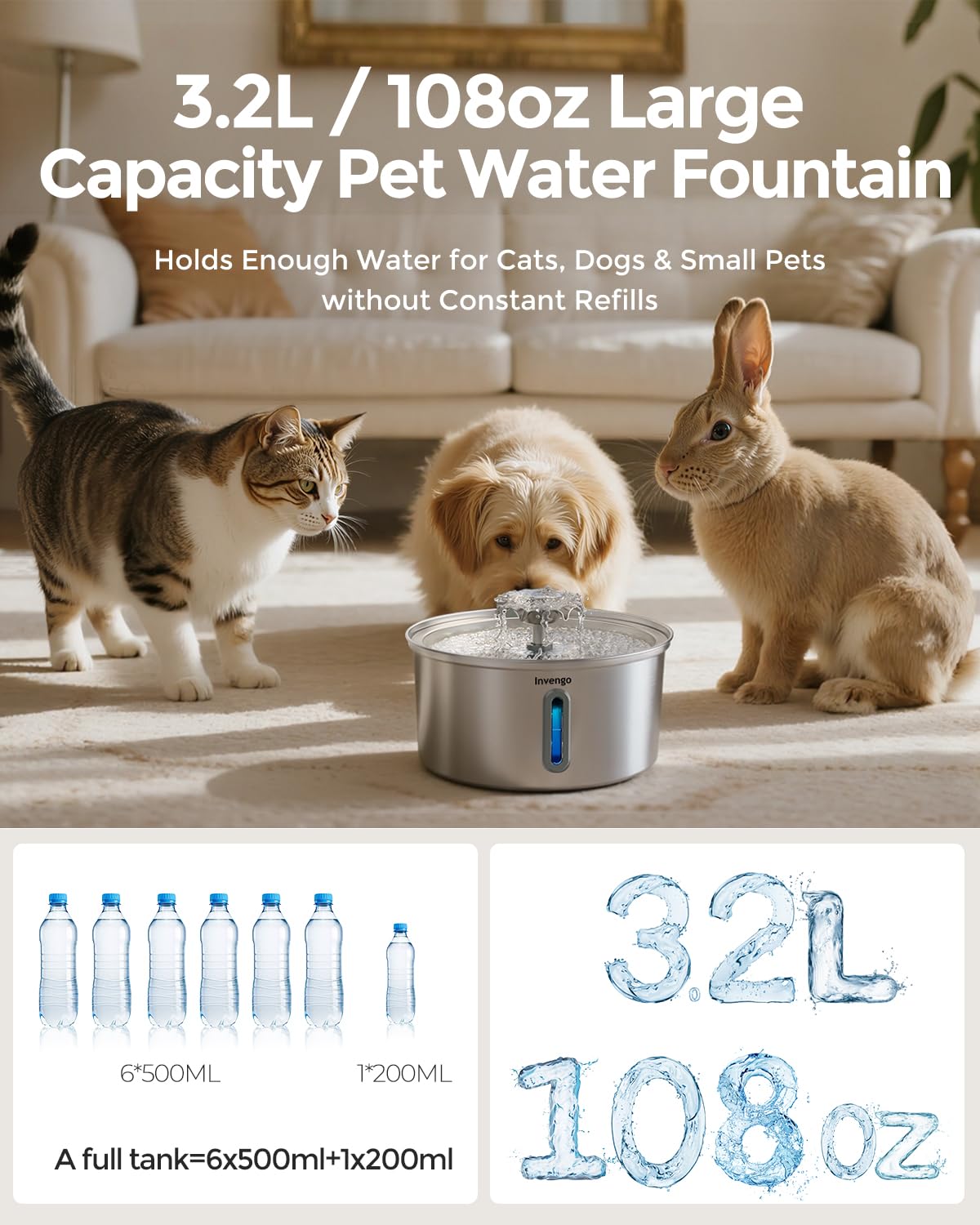 Invengo Fuente para Gatos Acero Inoxidable, 3.2L Fuente para Gatos Acero Inoxidable con Boquilla de Flor & 12 Filtros de Repuesto para Fuente de Agua