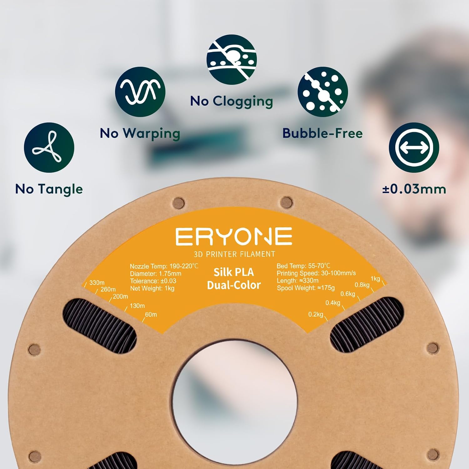 ERYONE Silk Dual Color PLA Filament 3D Printer 1.75mm +/- 0.03mm, Bicolor Filament Two Tone PLA 1KG(2.2lbs) Cardboard Spool, Black Purple