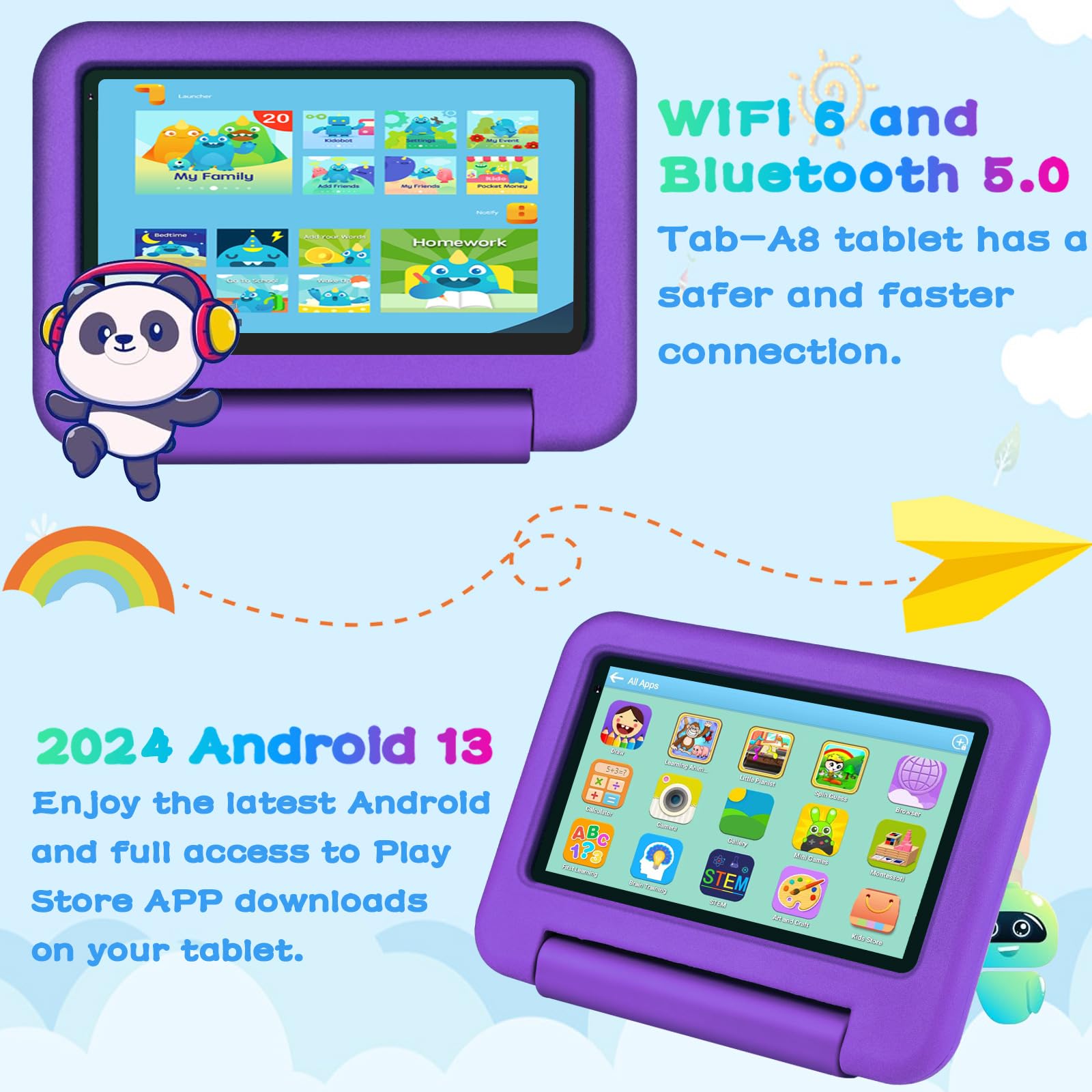 2025 Tablet Bambini 7 Pollici Android 13, 7GB RAM+64GB ROM (TF 1TB), WiFi 6 BT 5.0, Octa-Core, GMS Certificated | Controllo Parentale | Doppia Fotocamera | GPS | Tablet con Custodia EVA - Viola