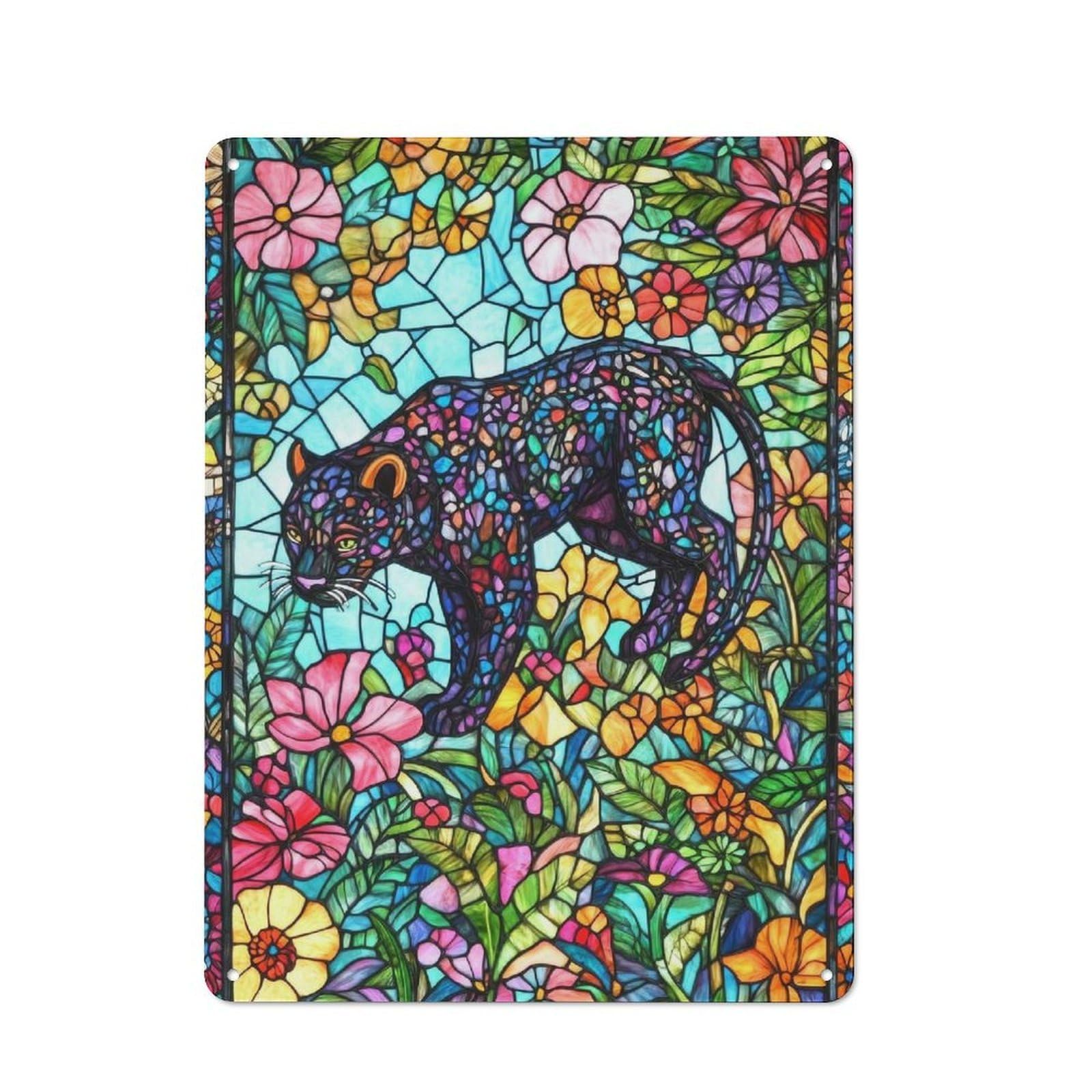Junmoney Stained Glass Panther Retro Tin Wall Plaque 40X30cm For Dining Room Or Kitchen, For Home Decor Collectors