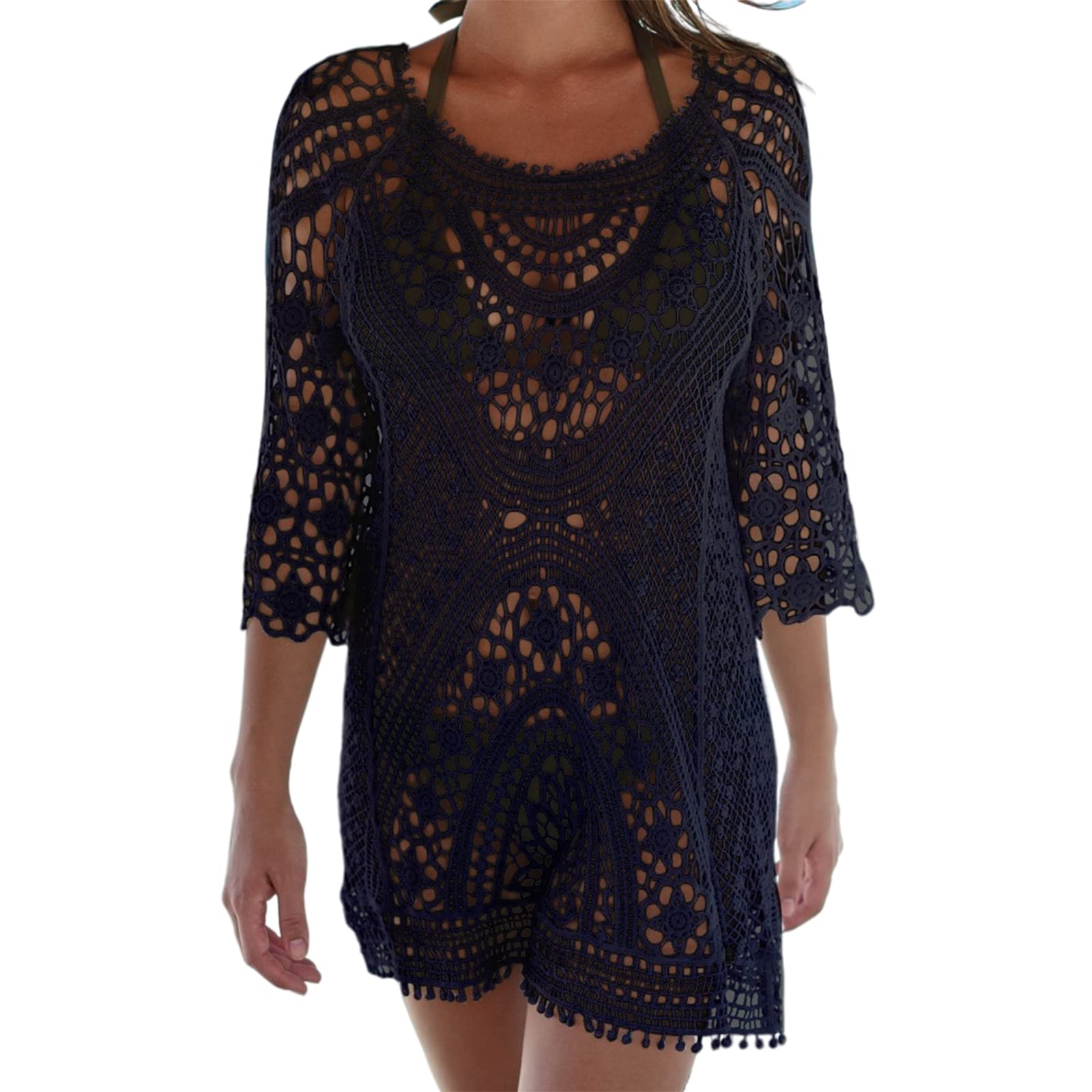 Copricostume da Bagno Donna in Maglia Uncinetto Estate Abito da Spiaggia Bikini Cover Up Camicetta Maglia Tunica Kaftan Top