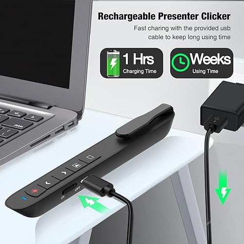 Vista 4 de Presentation Clicker puntero láser verde, recargable PowerPoint Clicker Wireless Presenter Remote, RF 2.4GHz USB Presentation Pointer Slide Advancer