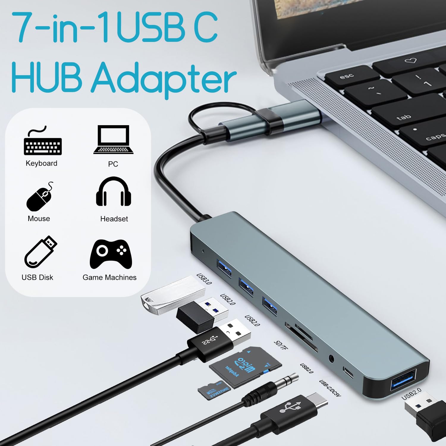 Koncentrator USB-C 8 w 1: 4 USB-A, czytnik kart SD/TF, gniazdo słuchawkowe, adapter wieloportowy do smartfonów, laptopów, iPada Pro, przełącznik