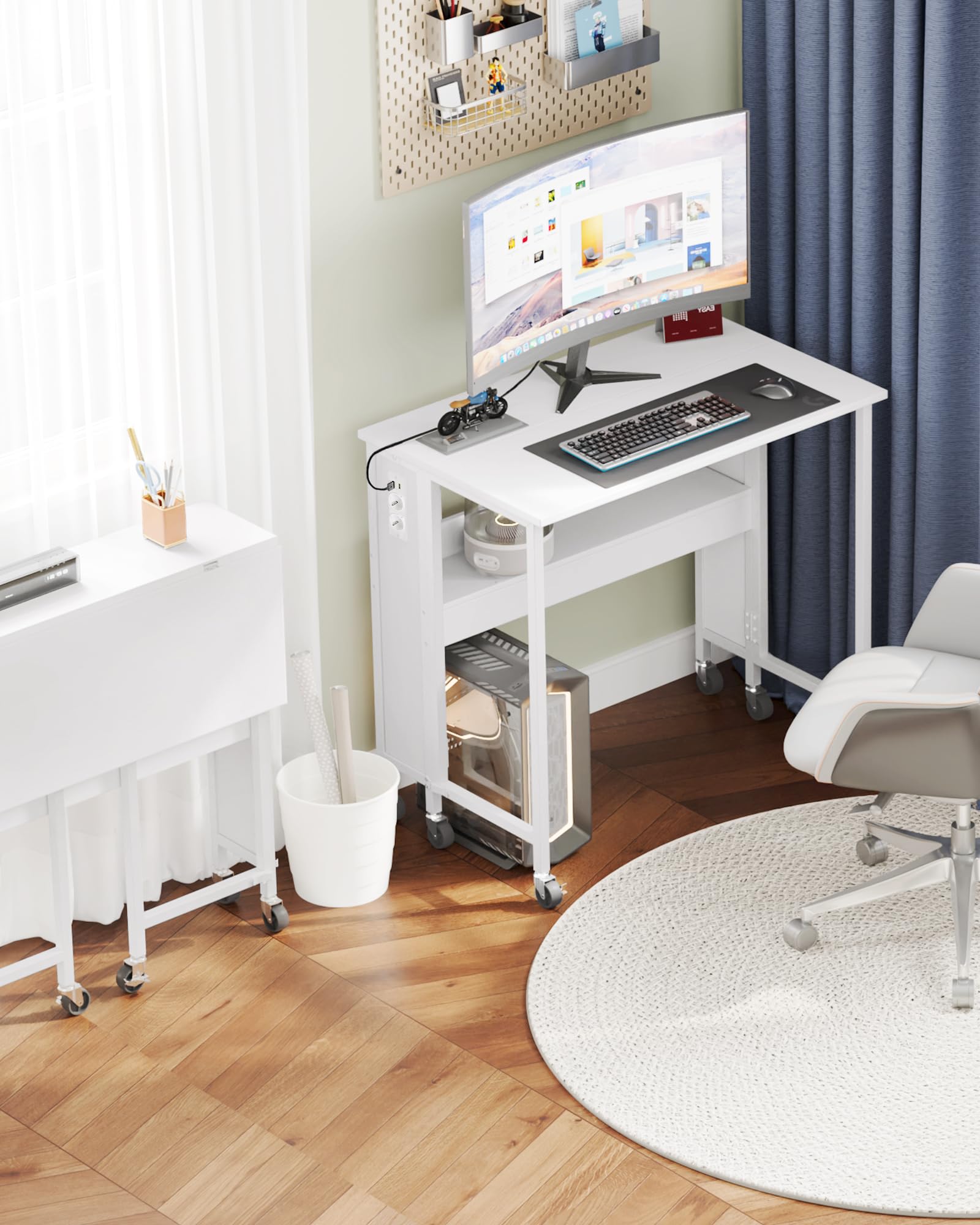 CHOEZON Tavolo pieghevole per computer con ruote, piccolo tavolo pieghevole con base di ricarica, 80 cm, scrivania pieghevole per piccoli spazi, soggiorno, camera da letto, bianco DTDN01CWB
