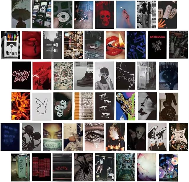 Wall Collage Kit, 50PCS Trendy Cool Collage Print Kit, Room Black Decor for Girls Boys Small Poster for Room Bedroom Aesthetic Dorm Photo Display Wall Poster for Bar