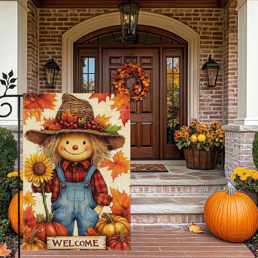 Fall Pumpkin Scarecrow Garden Flag for Outside 12x18 Inch Double Sided Burlap Welcome Autumn Thanksgiving Maple Leaf Sunflower Flowers Farmhouse Holiday Rustic Outdoor Yard Flag Home Decorations - Image 9