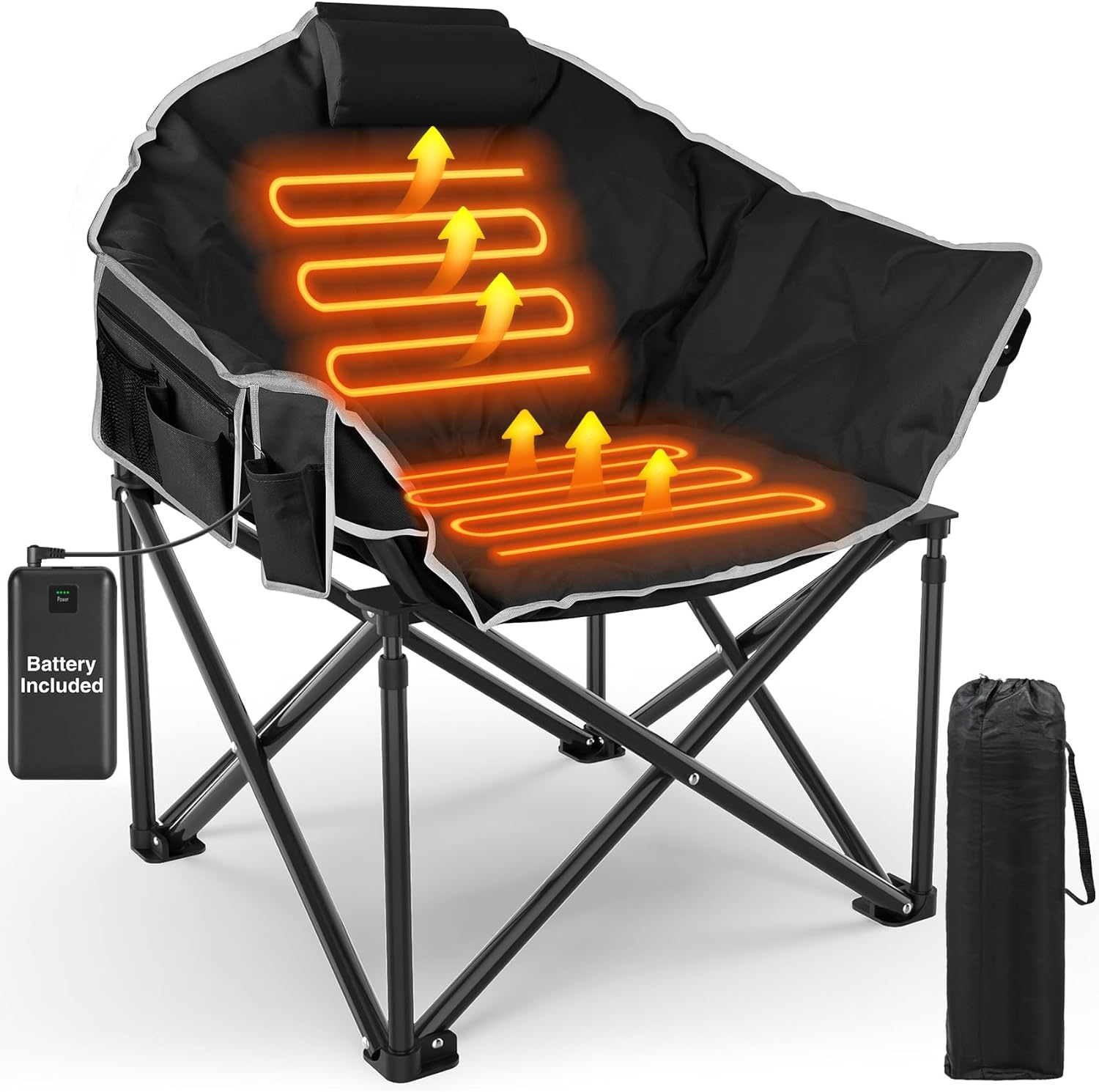 Slendor Heated Camping Chair Oversized, Portable Heated Chair Outdoor Sports with Backrest, High Back, Pillow, 3 Heat Levels, Folding Lawn Patio Lounge Chair, Supports 440 lbs