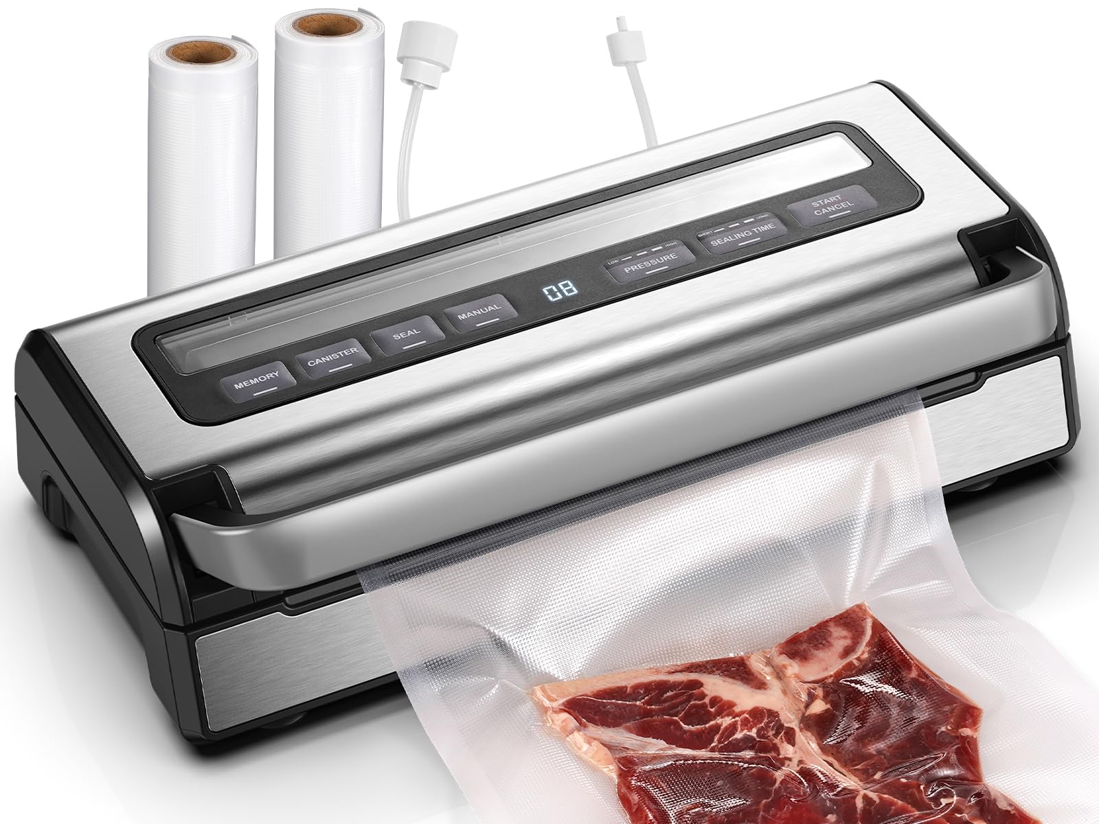 Vakuumiergerät 95 kPa,9-in-1 Lebensmittel-Vakuumierer mit einstellbarem Zeit- & Druckmodus,Speicherfunktion,Doppelter Versiegelung,Integriertem Schneider & Beutelaufbewahrung,inkl. 2 Rollen & Schlauch