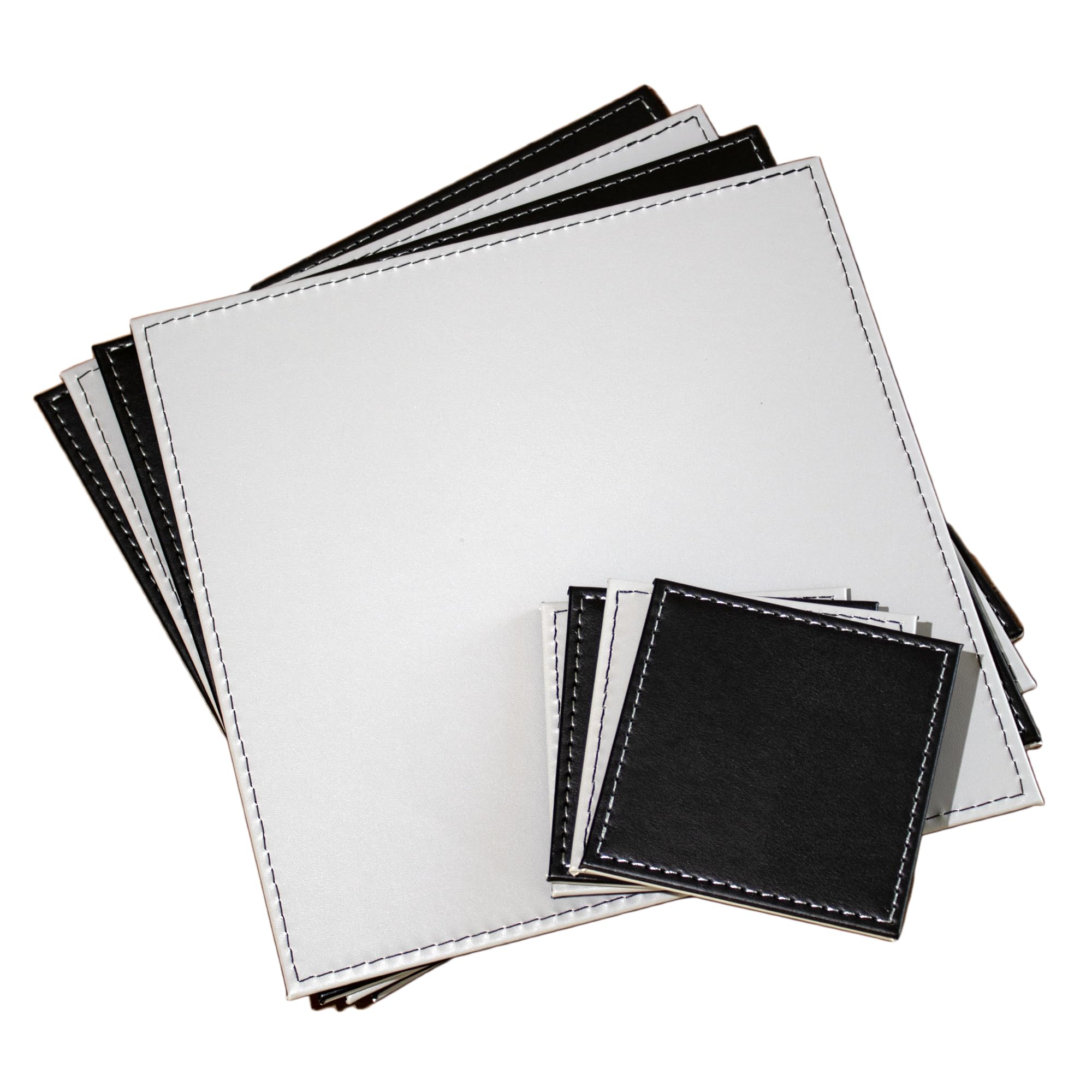 Set of 4 Black/Grey Faux Leather Placemats & Coasters Reversible Square Dining