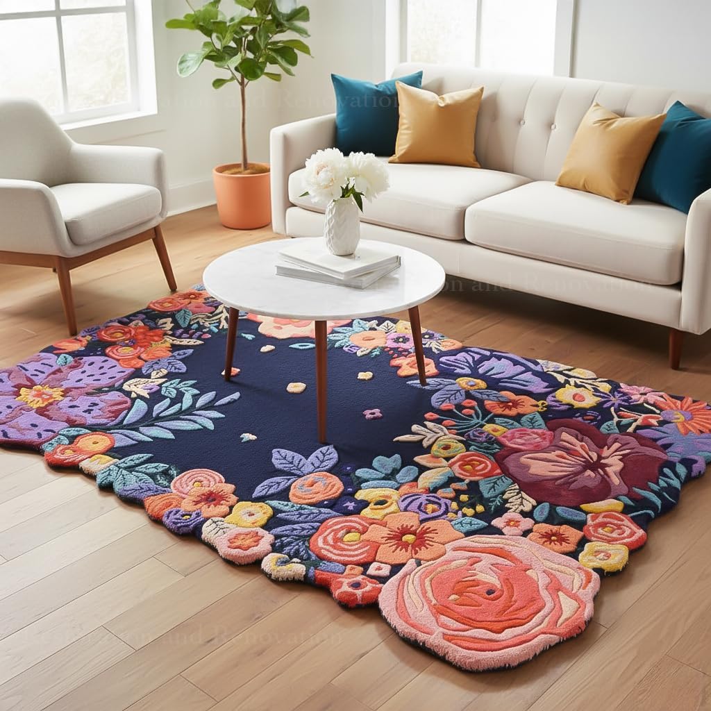 Handmade Floral Irregular Wool Area Rug | Vibrant Multicoloured Garden Flowers on Navy Background, Soft Plush, Durable & Thick | Perfect for Living Room, Bedroom Decor (Navy, 5' round)