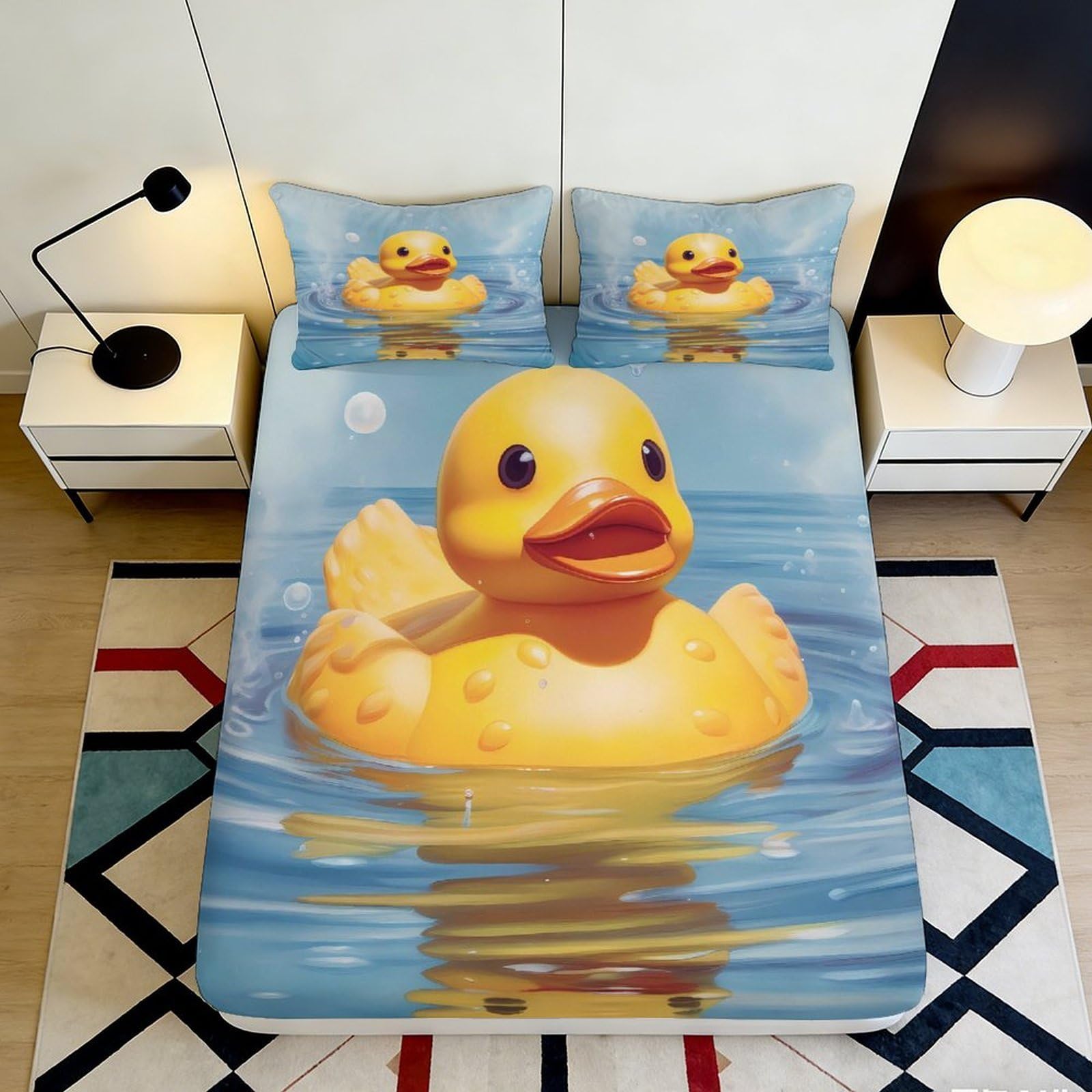 3D Printed Yellow Rubber Duck Fitted Sheet Microfiber Soft Mattress Cover Cartoon Water Pattern for Bedroom Dorm 120x200x25cm