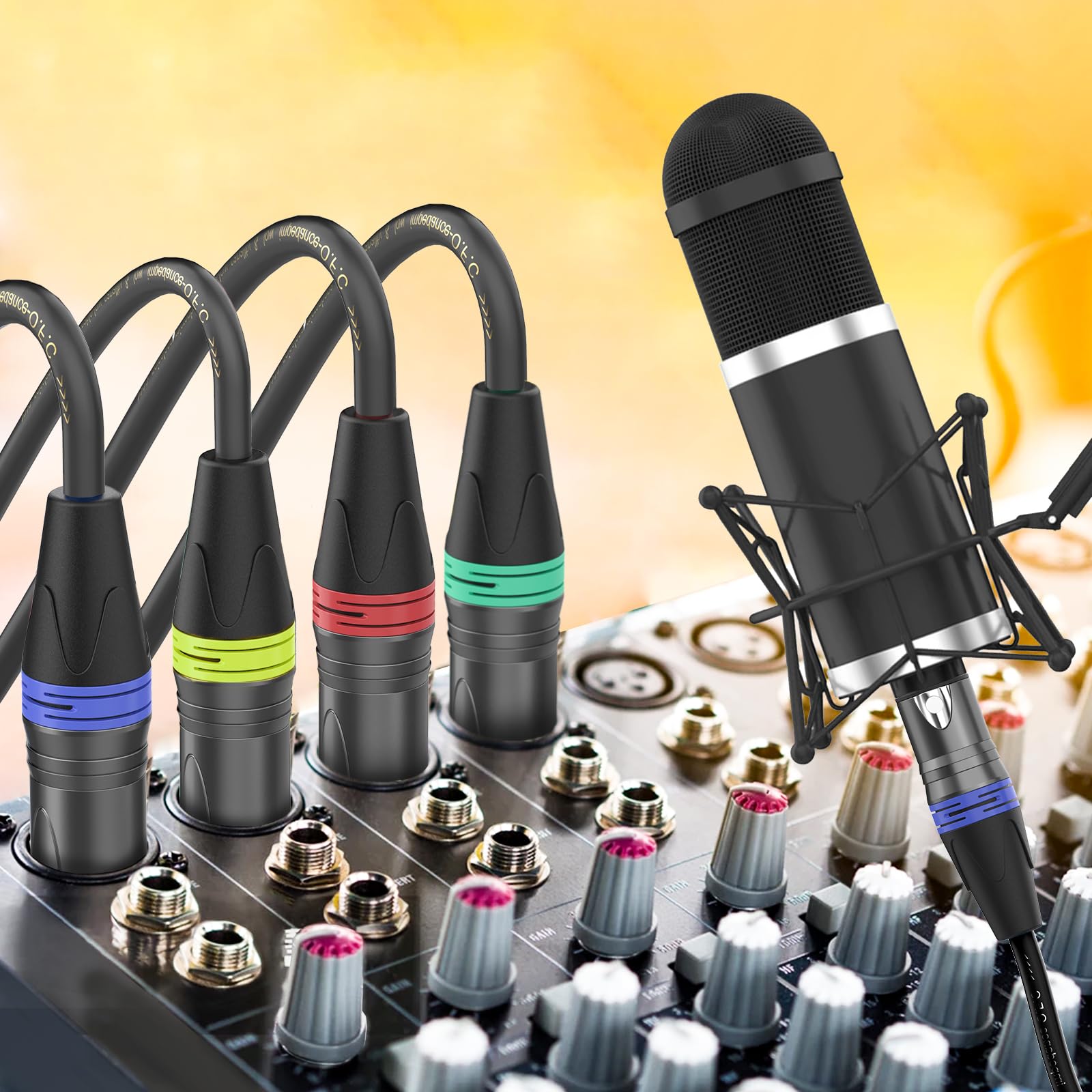 Cables XLR de 10 pies, paquete de 4, cable de micrófono XLR profesional macho a hembra, chapado en oro, 3 pines X LR, cable de micrófono equilibrado, multicolor