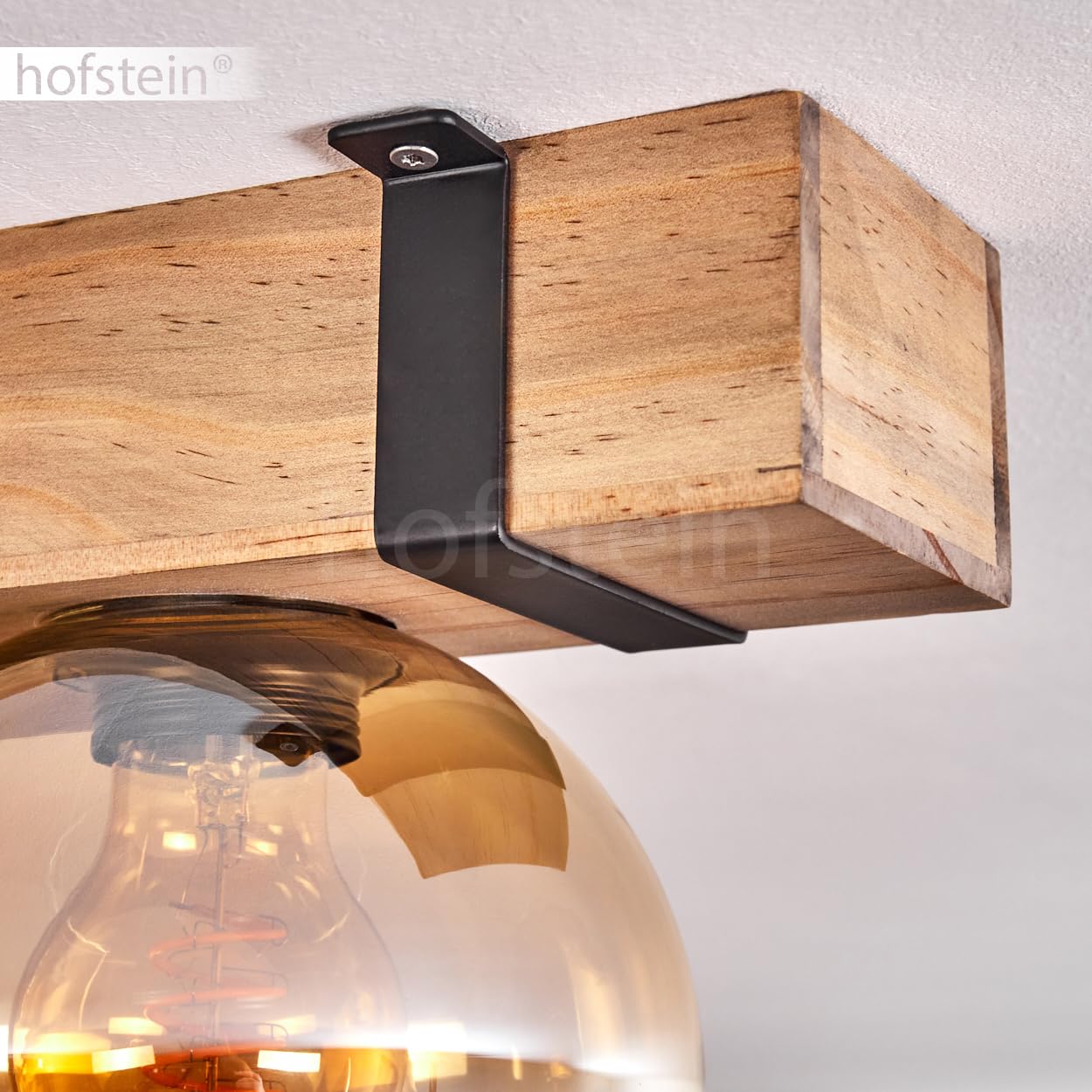 Lampa sufitowa Montgomery, lampa sufitowa z metalu/drewna/szkła w kolorze czarnym/naturalnym/bursztynowym, skandynawski design z drewnianymi belkami (100 cm) i szklanymi kulkami (Ø 15 cm), 5 x oprawka