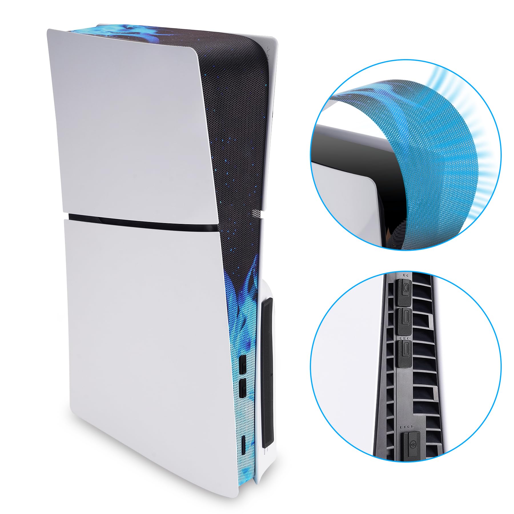 PlayVital Siatka Przeciwkurzowa z Silikonowe Zatyczki do ps5 Slim Disc & Digital,Osłona Przeciwpyłowa z Wtyczka Chroniąca Przed Kurzem do ps5 Slim Konsoli,Akcesoriów do ps5 Slim-Niebieski Płomień