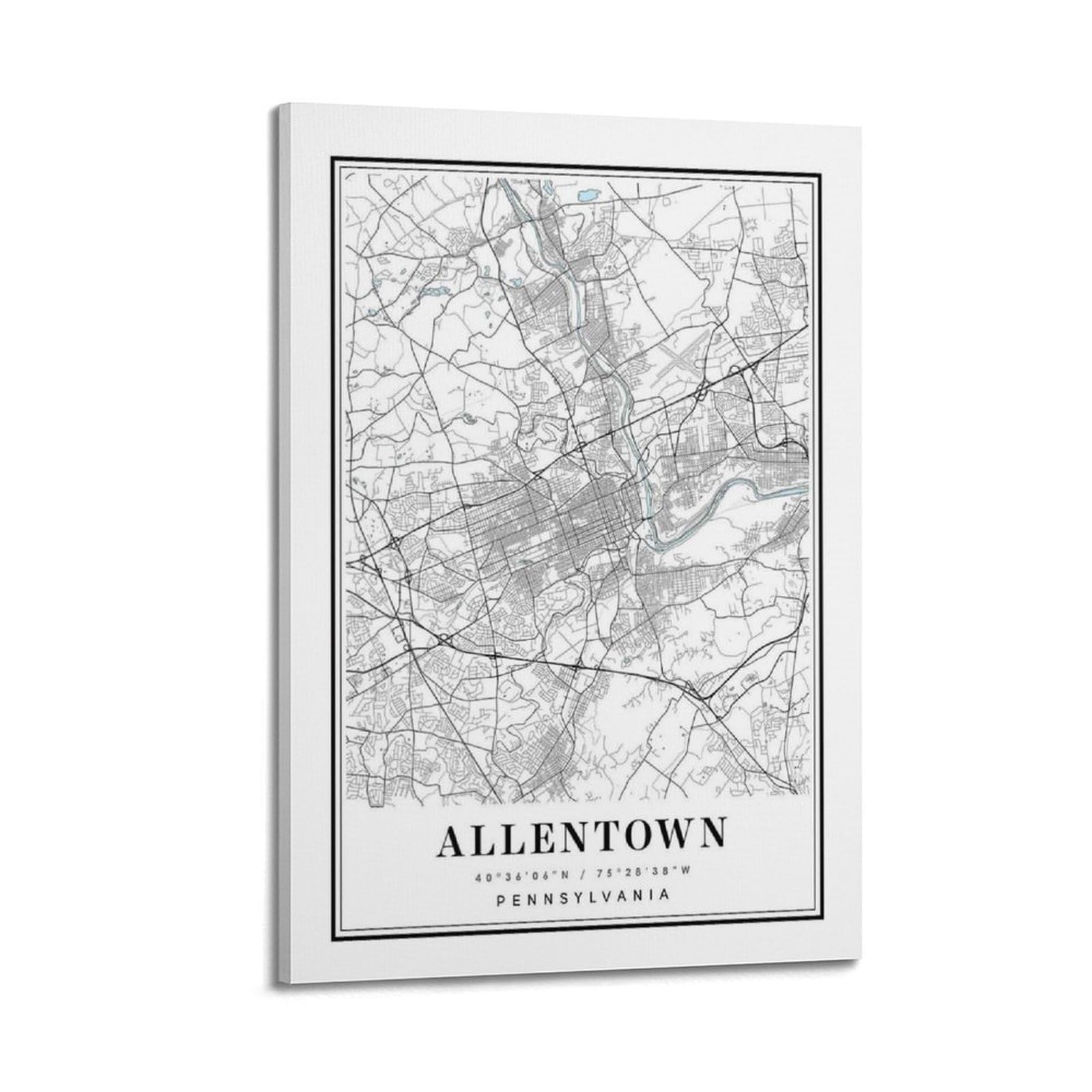 xiaoxiaoshen Allentown Pennsylvania Map Canvas Poster Wall Art Prints Room Aesthetic Murals Bedroom And Living Decorations 24x36inch(60x90cm)