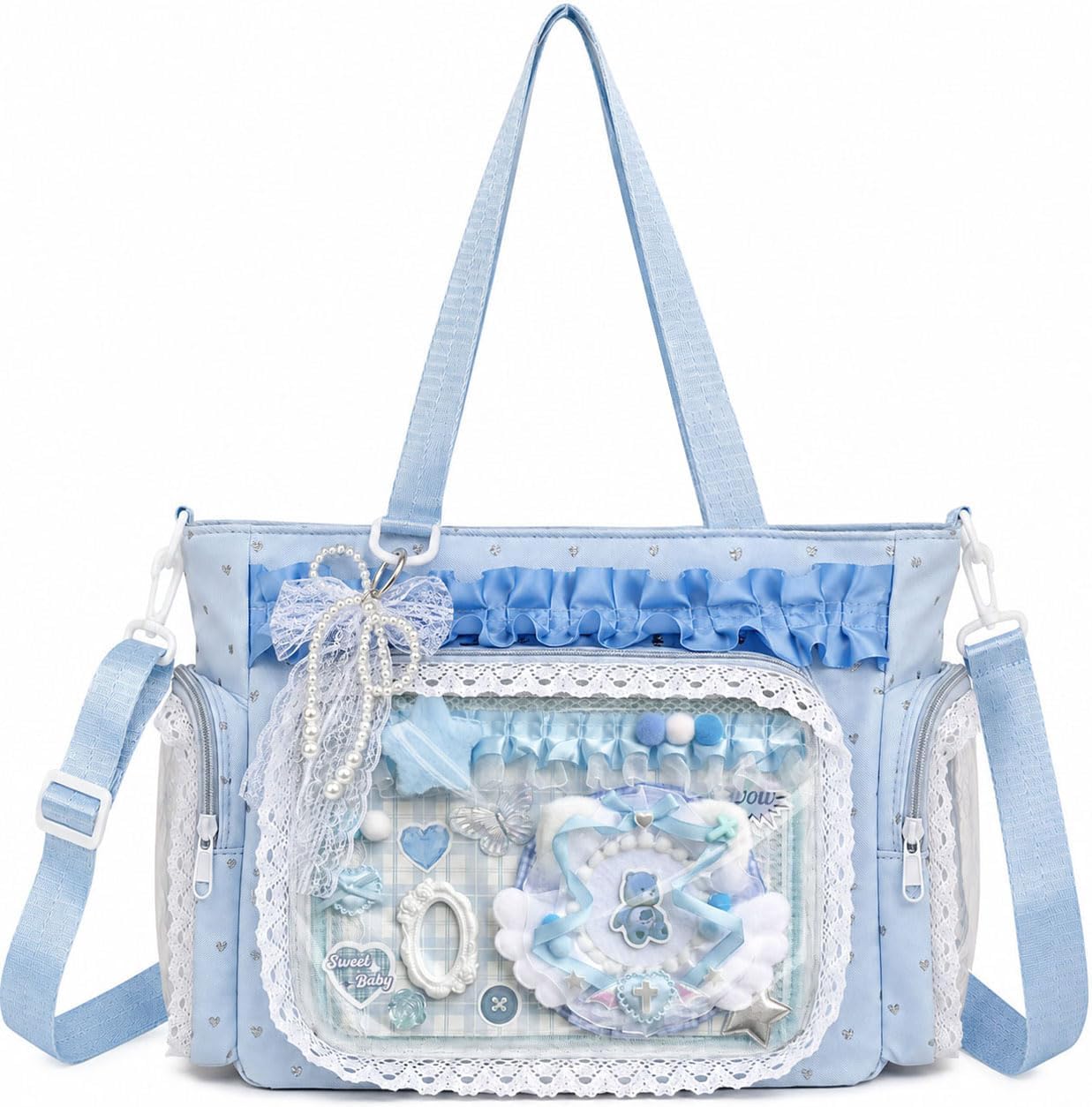 Ita Bag with DIY Accessory Kit - Clear Window Y2K Kawaii Lace Crossbody Bag with Display Insert for Pins & Button Badges