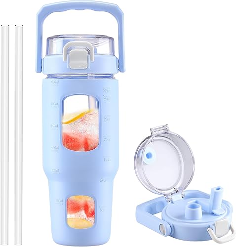 Miniatura 41 de BLUEGO Botella de agua de vidrio de 32 onzas con asa y pajita Botella de vidrio deportiva a prueba de fugas con marcador de tiempo y funda de Oliva