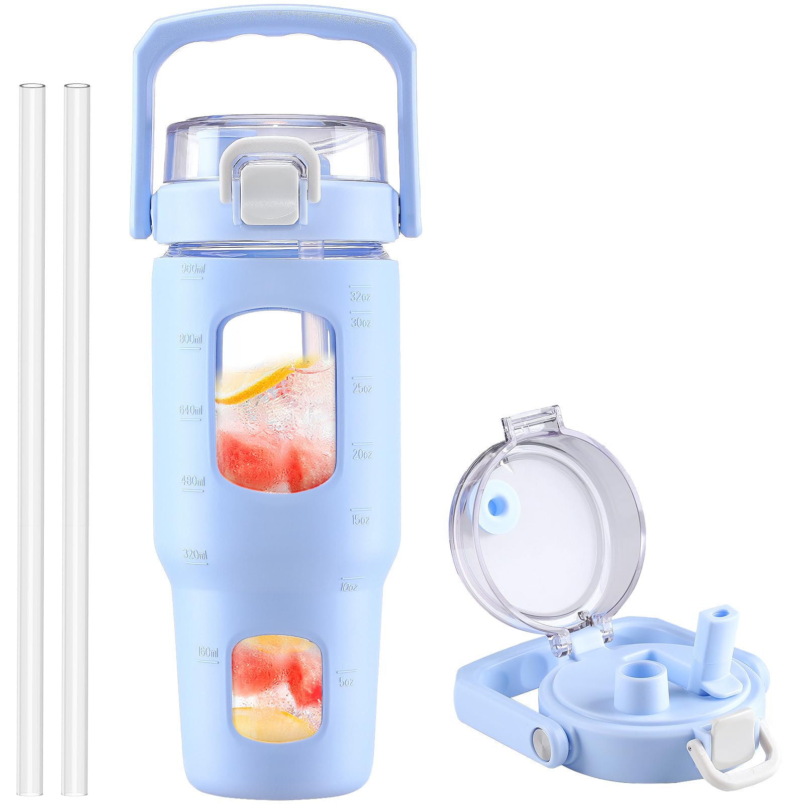 BLUEGO 32oz Glass Water Bottle with Handle and Straw|Leakproof Sports Glass Bottle with Time Marker and Silicone Sleeve|Glass Drinking Bottle for