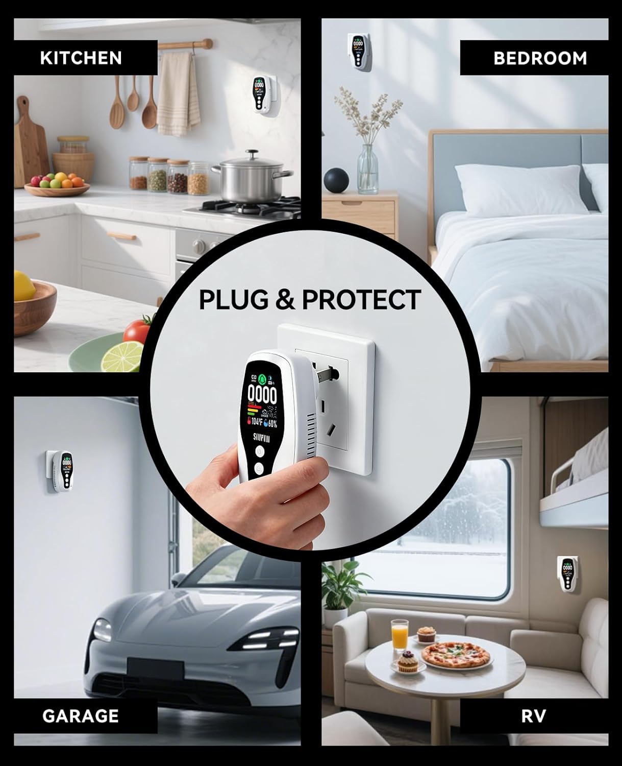 SUNPOW 6-in-1 Carbon Monoxide Detectors Plug in, Natural Gas Leak Detector with Smoke Alarm and Battery Backup, Combustible Gas Sniffer with Temp & Humidity Monitor for Home/RV/Travel