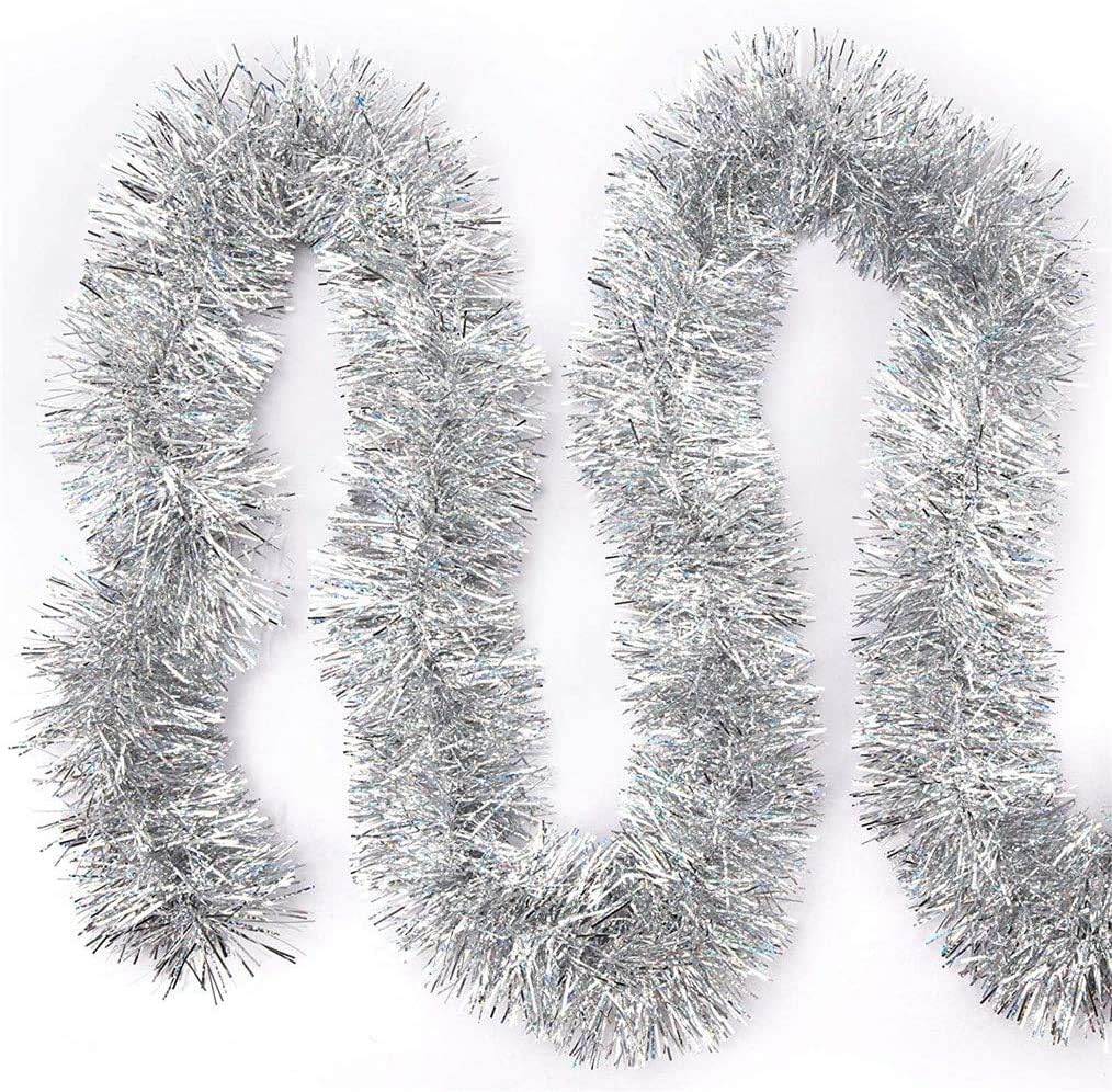 Slideep 32ft Christmas Tinsel Garland, Reflections Snowy Sparkly Soft Tinsel Wedding Birthday Party Supplies Ornaments, Christmas Tree Ceiling Hanging Decorations Silver 3.5" Wide