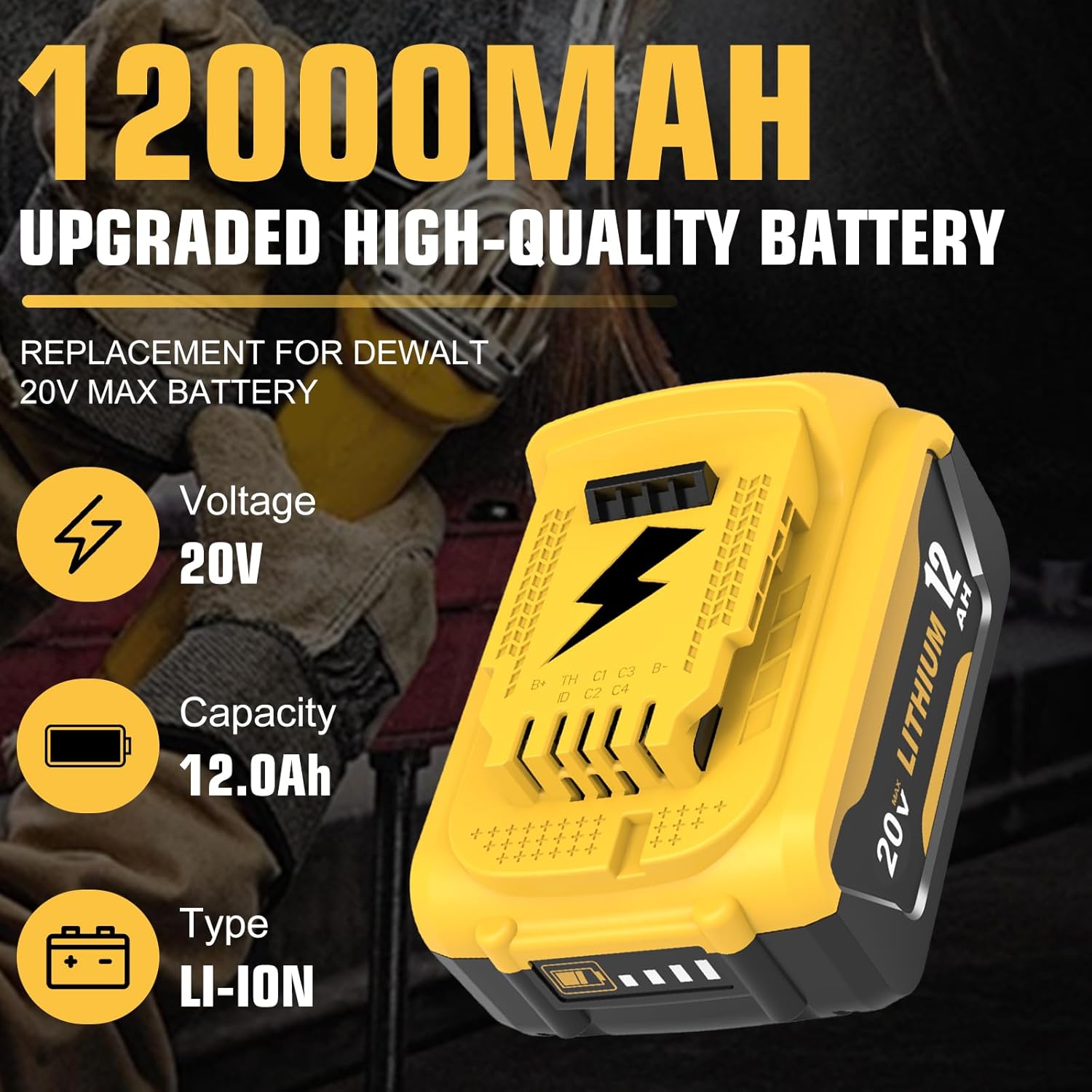 4 Packs 12000mAh Replacement for Dewalt 20V Battery and DCB104 4-Port Charger Compatible with Dewalt 20V MAX Battery DCB207 DCB206 DCB204 DCB200 DCB201 DCB203 - Image 2