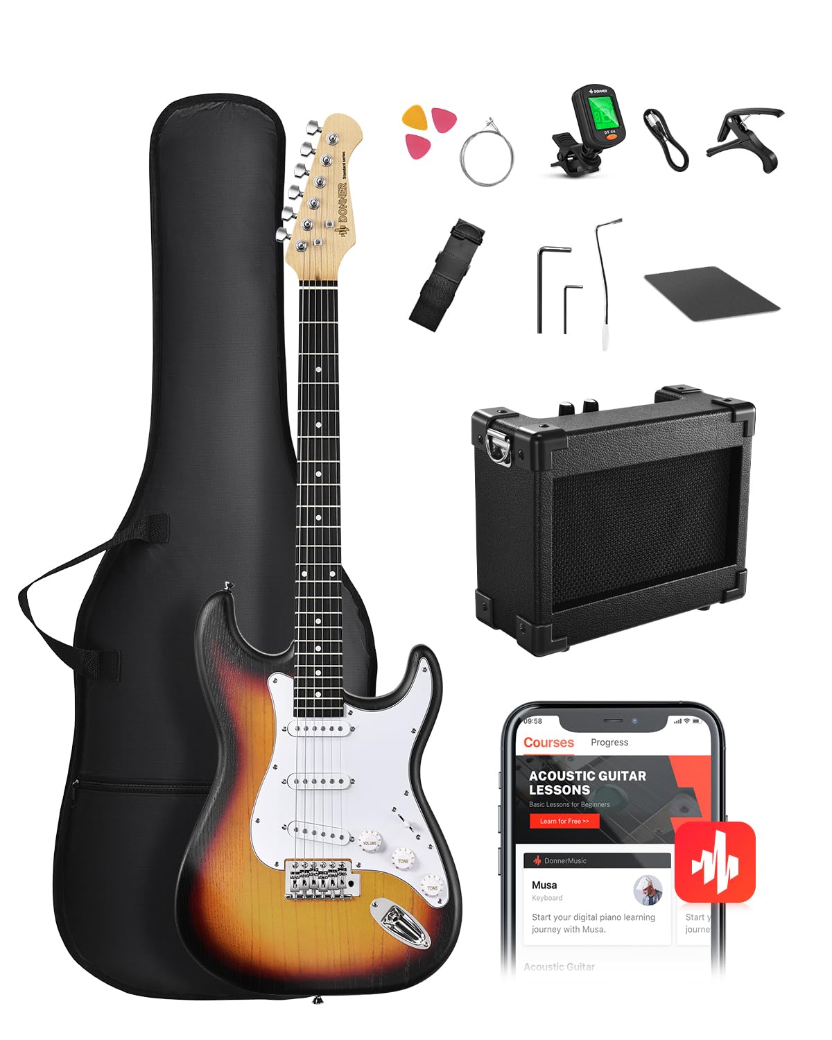 DONNER DST-80 Electric Guitar 39” Beginner Electric Guitar Kit with Amp