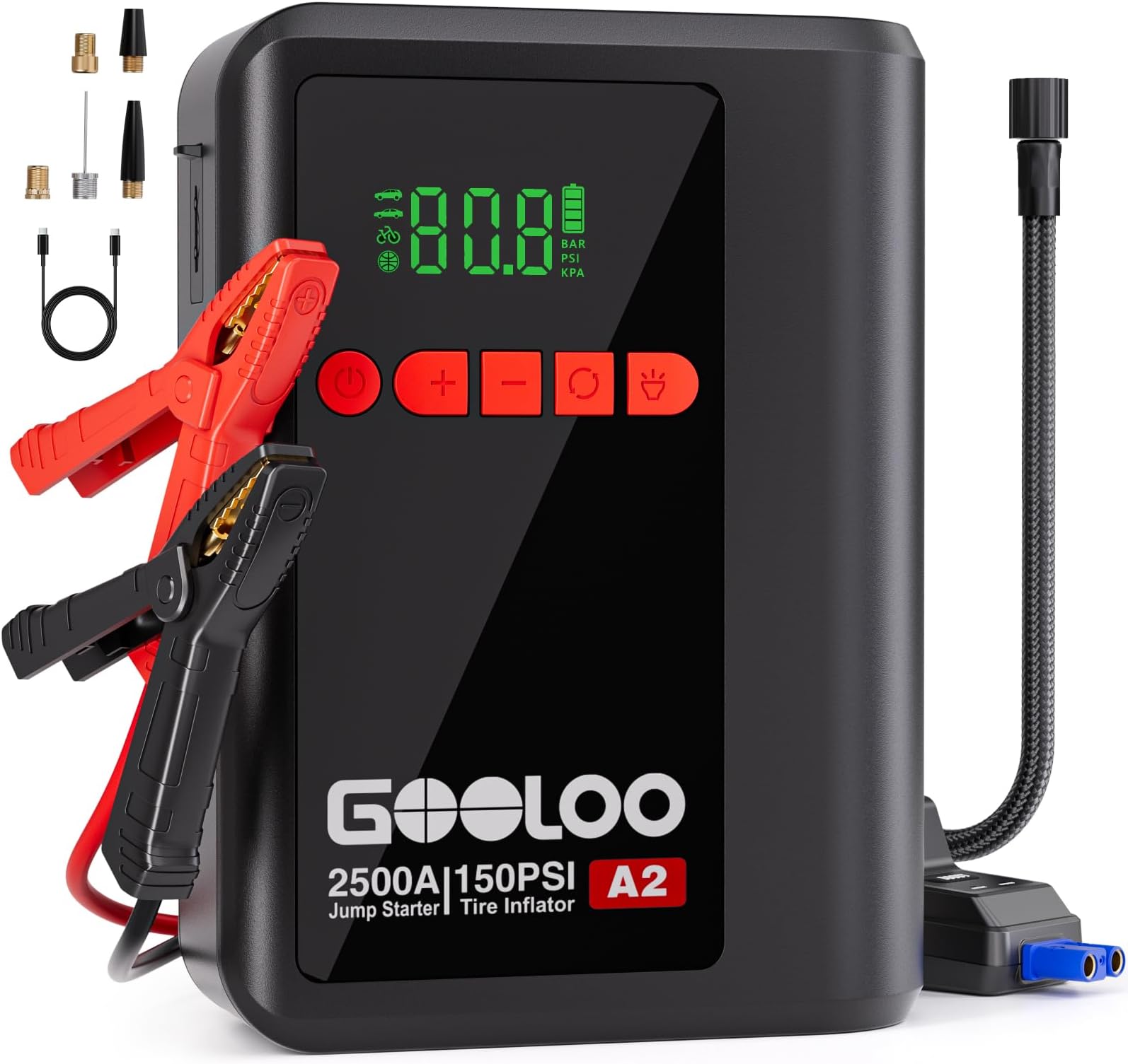 A2 8-in-1 Jump Starter with Air Compressor, Car Battery Booster (Up to 8L Gas/6L Diesel) 150 PSI Cordless Auto-Shutoff Tire Inflator, 12V Supersafe Lithium Jump Box with Jumper Cables