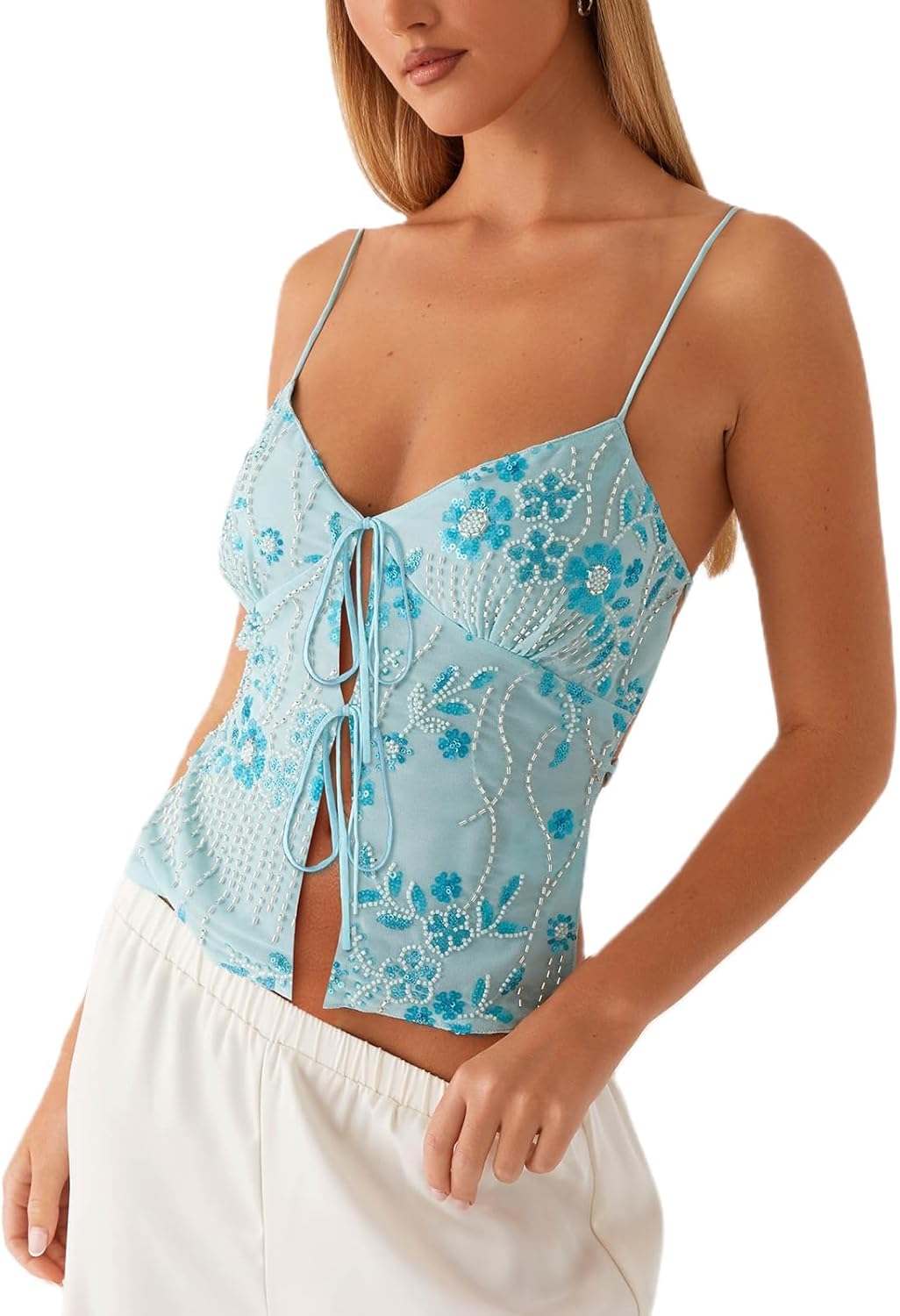 MISSACTIVER Women’s Y2K Sequin Cami Tops Sexy Sparkle Lace Up Crop Top Tie Front Backless Low Cut V-Neck Straps Tank Top