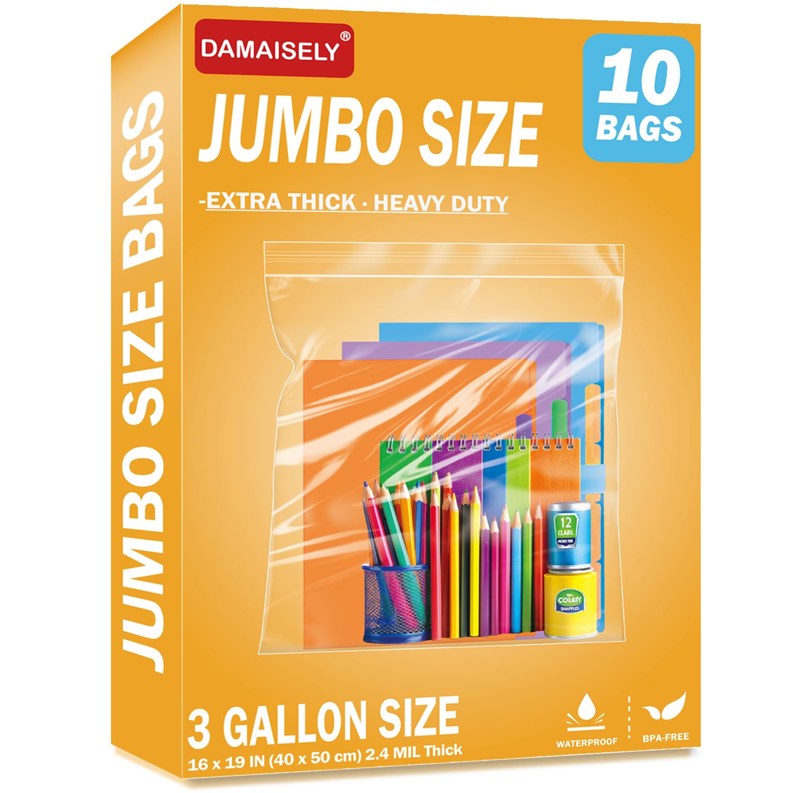 10Pack Extra Large Plastic Storage Bags, Zipper Seal, 2.4-mil Thick, Heavy Duty, 3.5 Gallon 16" x 19", Jumbo Zippered Plastic Bags for Food, Clothes, Travel, Moving