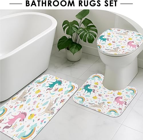 Miniatura 5 de ArtSocket Juego de baño de unicornio arcoíris con cortina de ducha y alfombras, accesorios lindos Cloud Fun Girl Juego de cortina de ducha