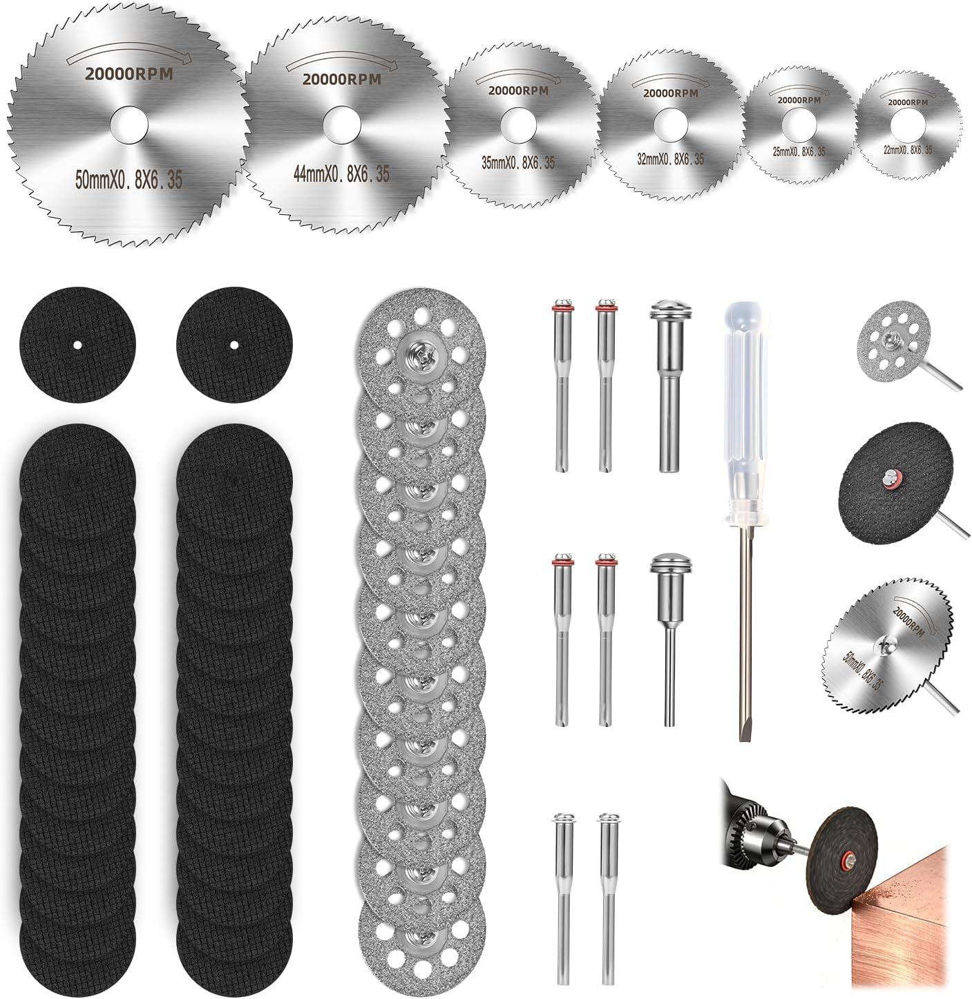 55PCS Cutting Wheel Set for Rotary Tools, Premium Cutting Discs, HSS Circular Saw Blades, Resin Cutting Discs, 545 Diamond Cutting Wheels for Cutting Metal, Stone, PVC and Make DIY Craft