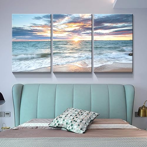 Miniatura 5 de Denozer - Lienzo decorativo de 3 paneles para decoración del hogar, mar azul, puesta de sol, blanco, playa, pintura, impresión sobre lienzo, paisaje