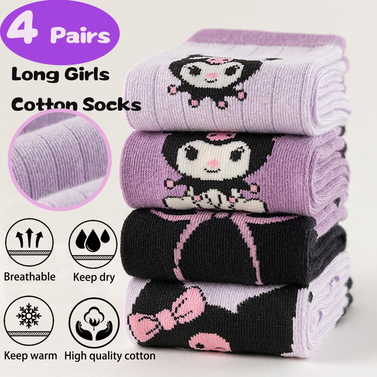 4 Pairs Knee High Socks for Girls, Cute Cartoon Stockings Kawaii Cotton Long Socks Outdoor Anime Stocks Thicken Over Knee Stockings for Women - Image 3