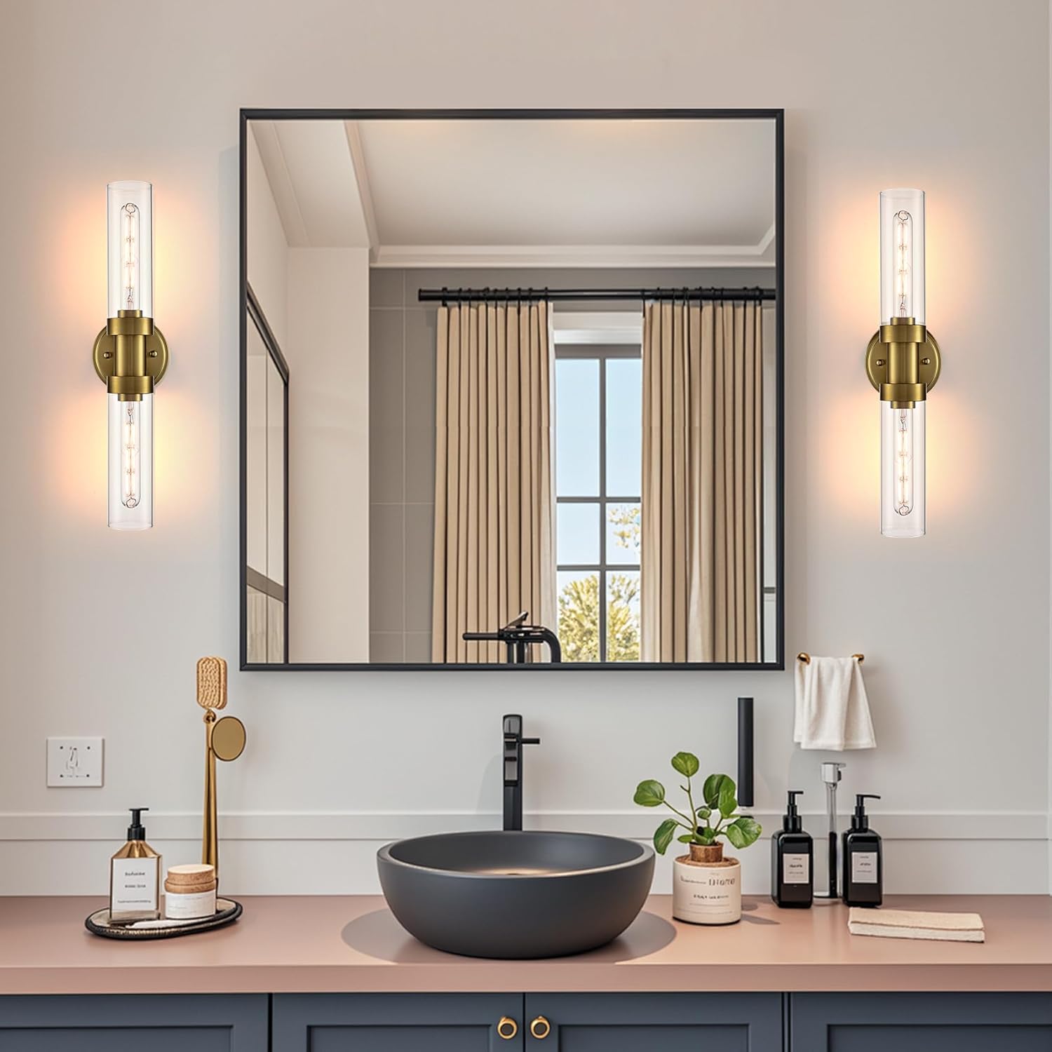Modern 2-Light Gold Wall Sconce with Clear Glass Shade 20-Inch Brass Glass Bathroom Wall Light Fixtures for Hallway Staircase Living Room