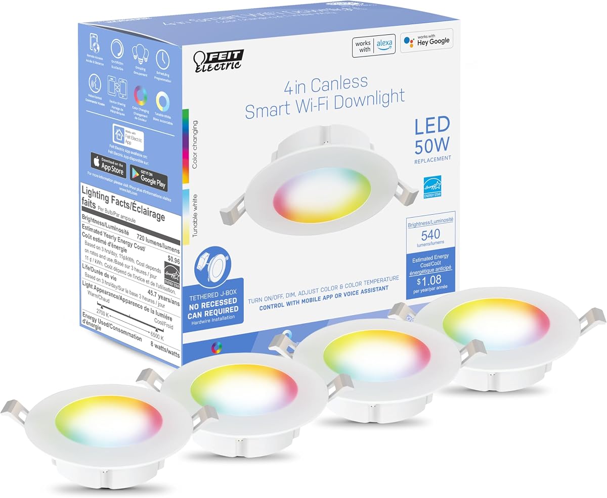 4in Smart LED Canless Recessed Downlight, 50W Eq, 540 Lumens | Dimmable, Color Changing + Tunable White, Works with Alexa, Google Assistant & Siri, LED Ceiling Light, 4 Pack