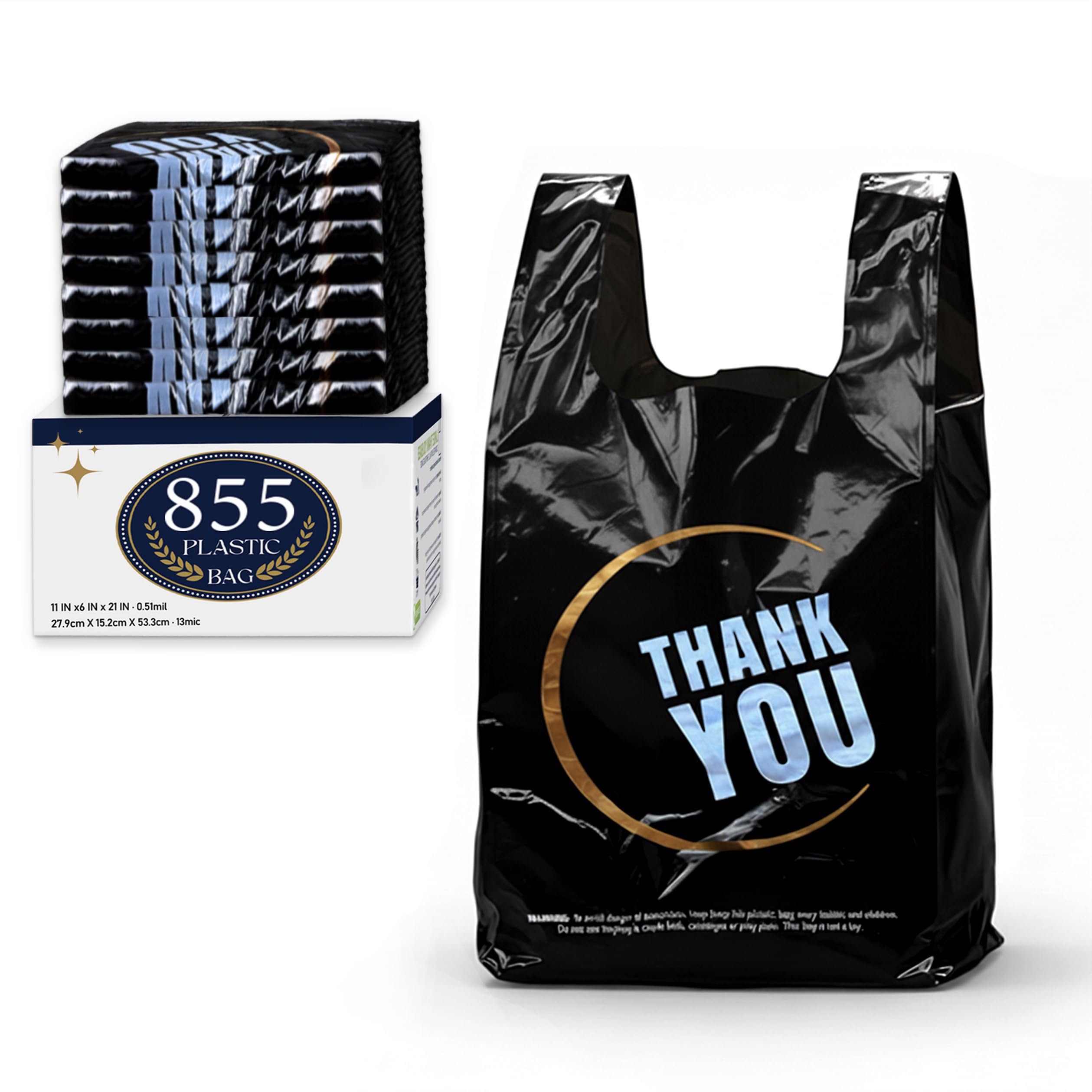 YoYoRain 855 Pack Black T-Shirt Bags with Handles, 11.5"x6.25"x21" Durable HDPE Plastic Shopping & Carry-Out Bags for Grocery, Retail, Takeout & Small