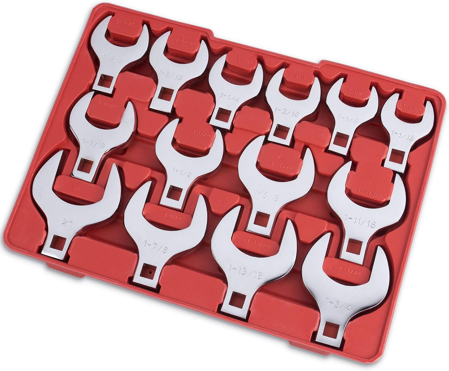 EFFICERE 14-Piece Premium 1/2" Drive Jumbo Crowfoot Wrench Set | Include Standard SAE Sizes from 1-1/16" to 2" with Storage Tray | Chrome Vanadium Steel and Mirror Chrome Finish